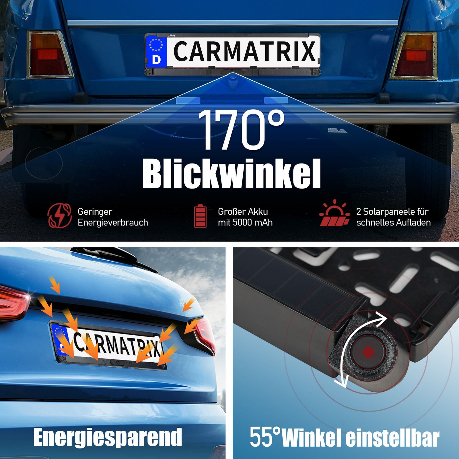 CARMATRIX SC43U HD Solar Rückfahrsystem CarPlay, Android mit PDC Einparkhilfe Rückfahrkamera (HD Solar Funk Rückfahrsystem Nummernschild mit CarPlay Android Aut – Bild 5 von 5