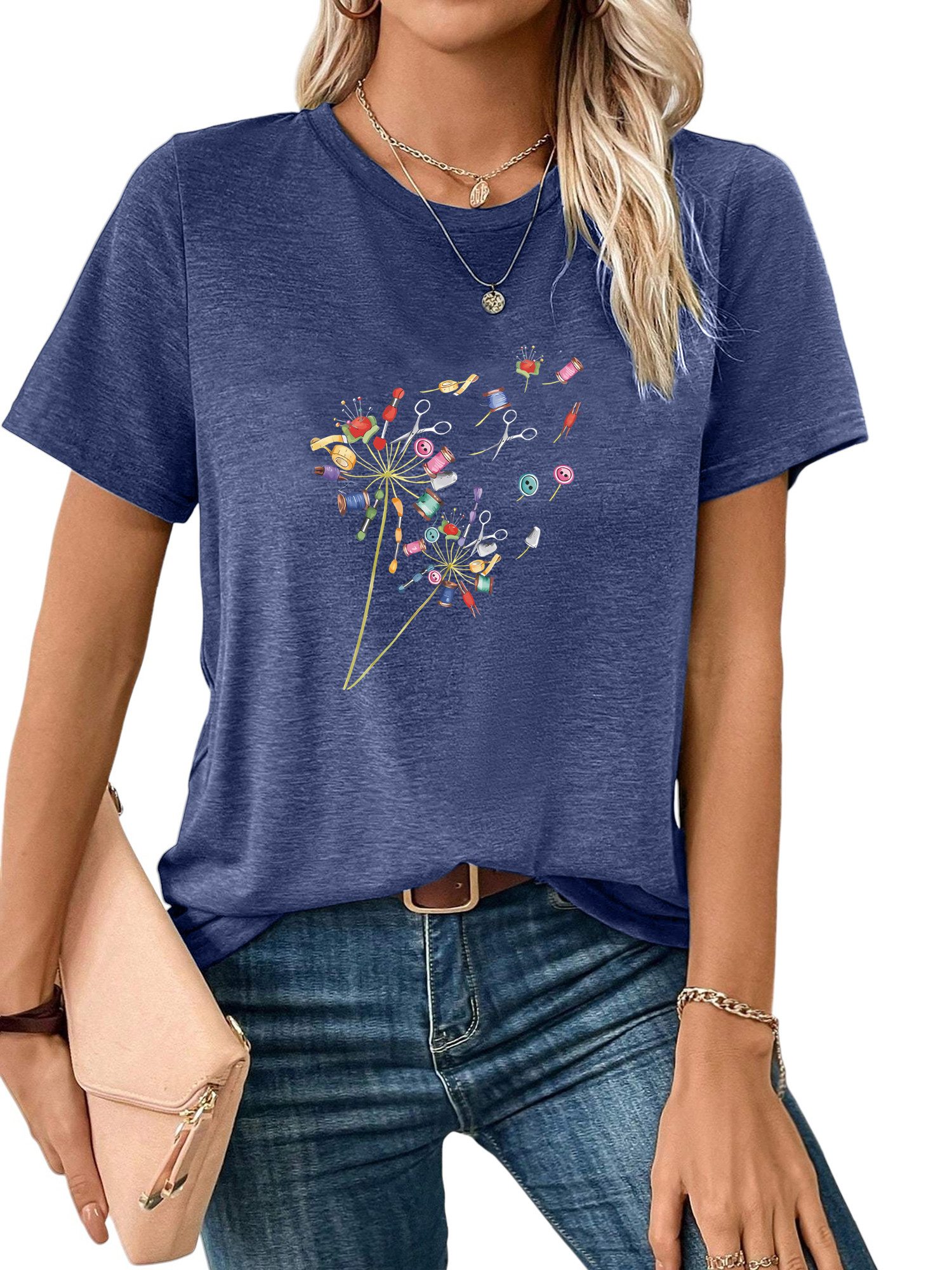 Kurzarmshirt Damen bequemes Sommer Kurzarmbluse Locker ausgefallene Print-Shirt