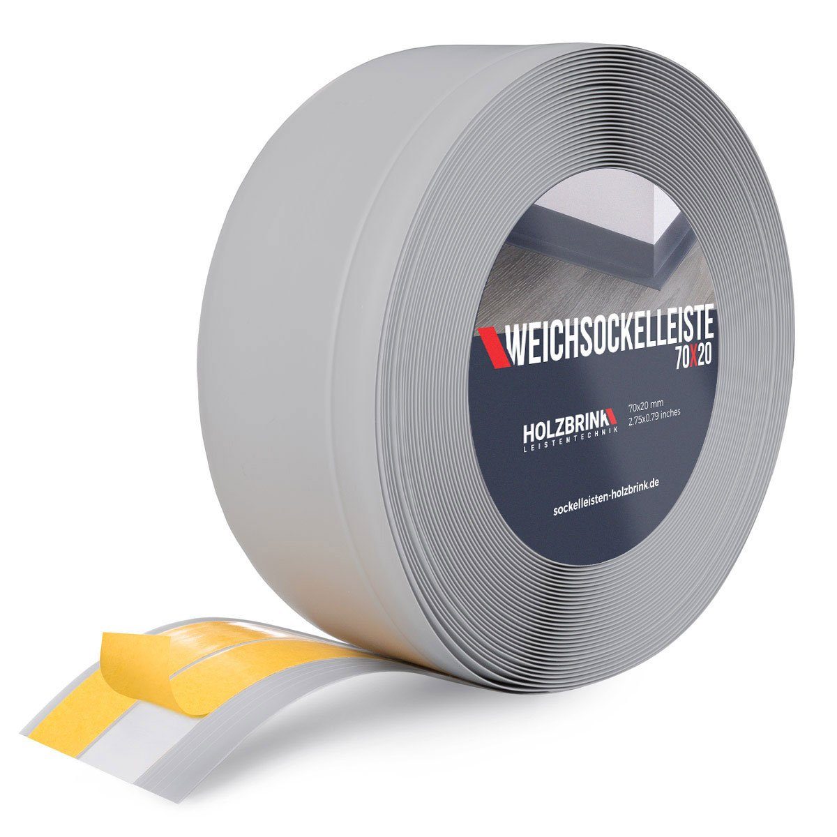 HOLZBRINK Sockelleiste PVC Weichsockelleiste selbstklebend 70x20mm Grau, 10m Rolle, Küchenabschlussleiste Arbeitsplatte, Fensterleiste, Fensterabdichtung