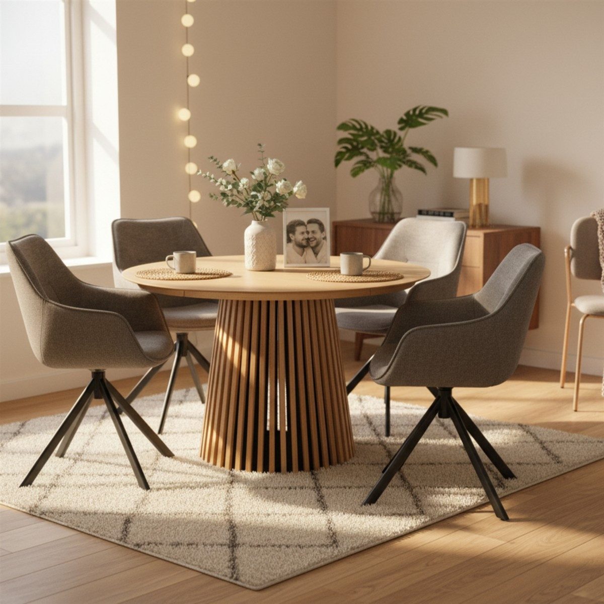 MR.DEKO Esszimmer-Set Essgruppe Tisch Oria Eiche rund Ø120cm FSC®100% + San Carlo Hellgrau, (Essgruppe 5-teilig – Tisch & 4 drehbare Esszimmerstühle, 5-St), Runder Holztisch Ø120 cm Eichenfurnier & 4 drehbare Polsterstühle