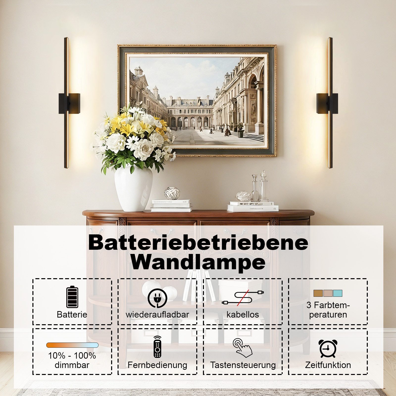 Rosnek LED Wandleuchte LED Wandleuchte Innen Akku Dimmbar Kabellos mit Fernbedienung, LED fest integriert, 10000mAh Timer 3 Farbtemperaturen Wohnzimmer Schlafzimmer