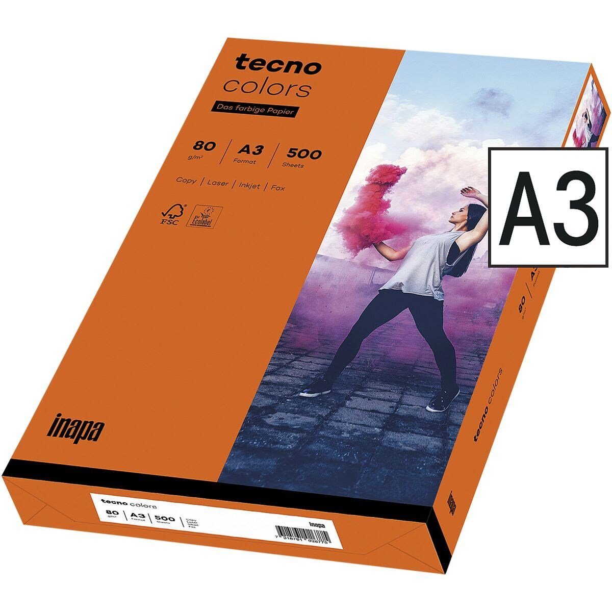 Inapa tecno Drucker- und Kopierpapier Rainbow / tecno Colors, Intensivfarben, Format DIN A3, 80 g/m², 500 Blatt intensivorange