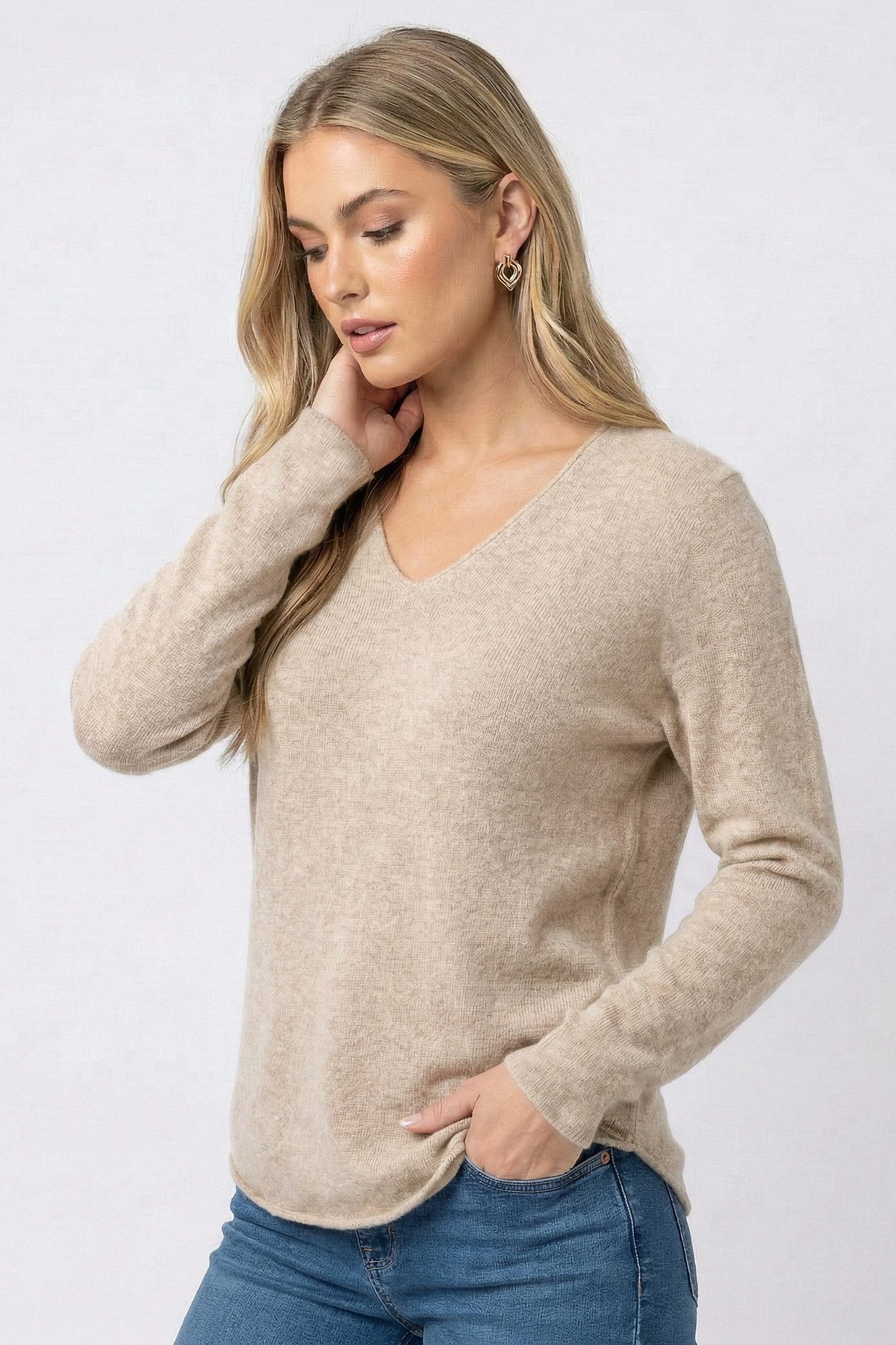 Kendindza Collection V-Ausschnitt-Pullover Damen Strickpullover V-Ausschnitt Feinstrick Basic Sweater Langarm Made in Italy - Weicher Viskose-Wolle Mix - One Size (34-36-38-40)