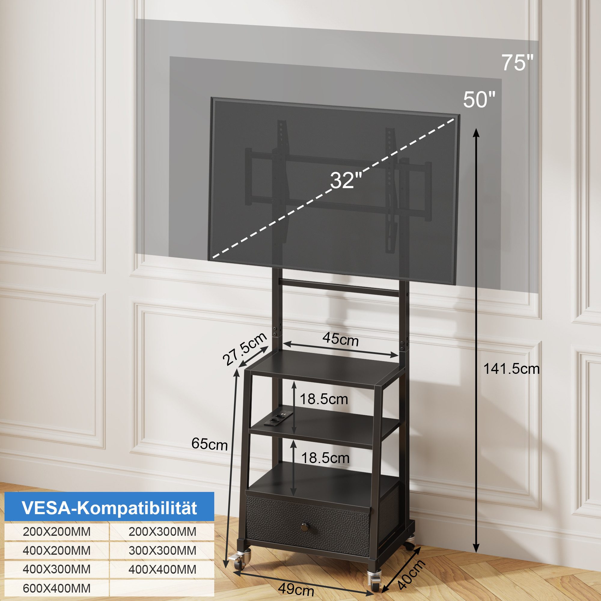 OYRREU TV-Ständer auf Rollen, höhenverstellbar, mit Halterung, Steckdose, Stoffschublade, (bis 75 Zoll, TV-Wagen mit Ablage, Monitorständer 1-St., für Fernseher, Laptop, Meetingraum Ausstattung, Touchscreen Halterung, mit Stauraum, Mittelregal & Sicherheitsrollen, VESA kompatibel)