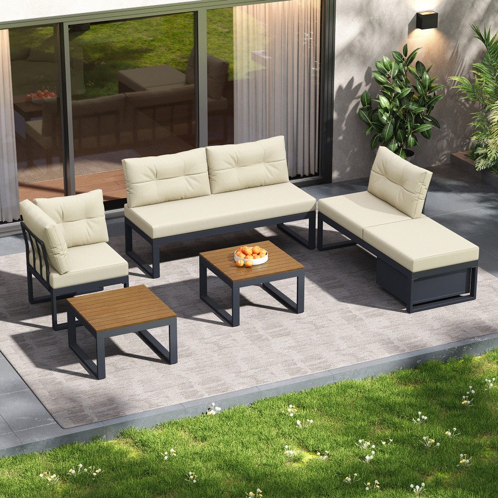BBWL Gartenlounge-Set 4-Sitzer Lounge Sofa mit Liegefunktion 3-stufig verstellbar Stauraum, Gartenmöbel Set modular wetterfest Polyester Terrasse Balkon Garten