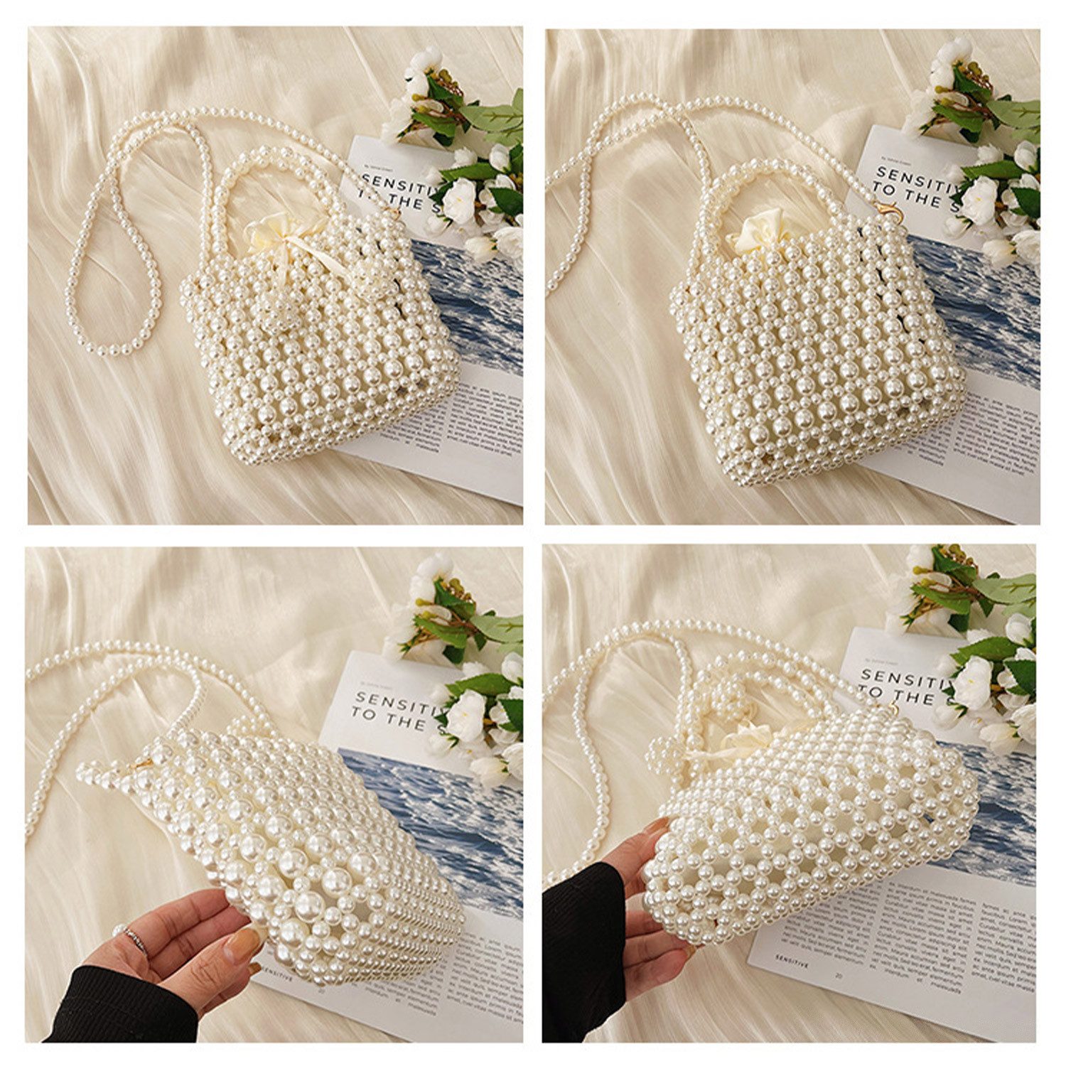 Refttenw Clutch Women's Clutch Artificial Pearls Handbag with Chain, Evening Bag Shoulder Bag