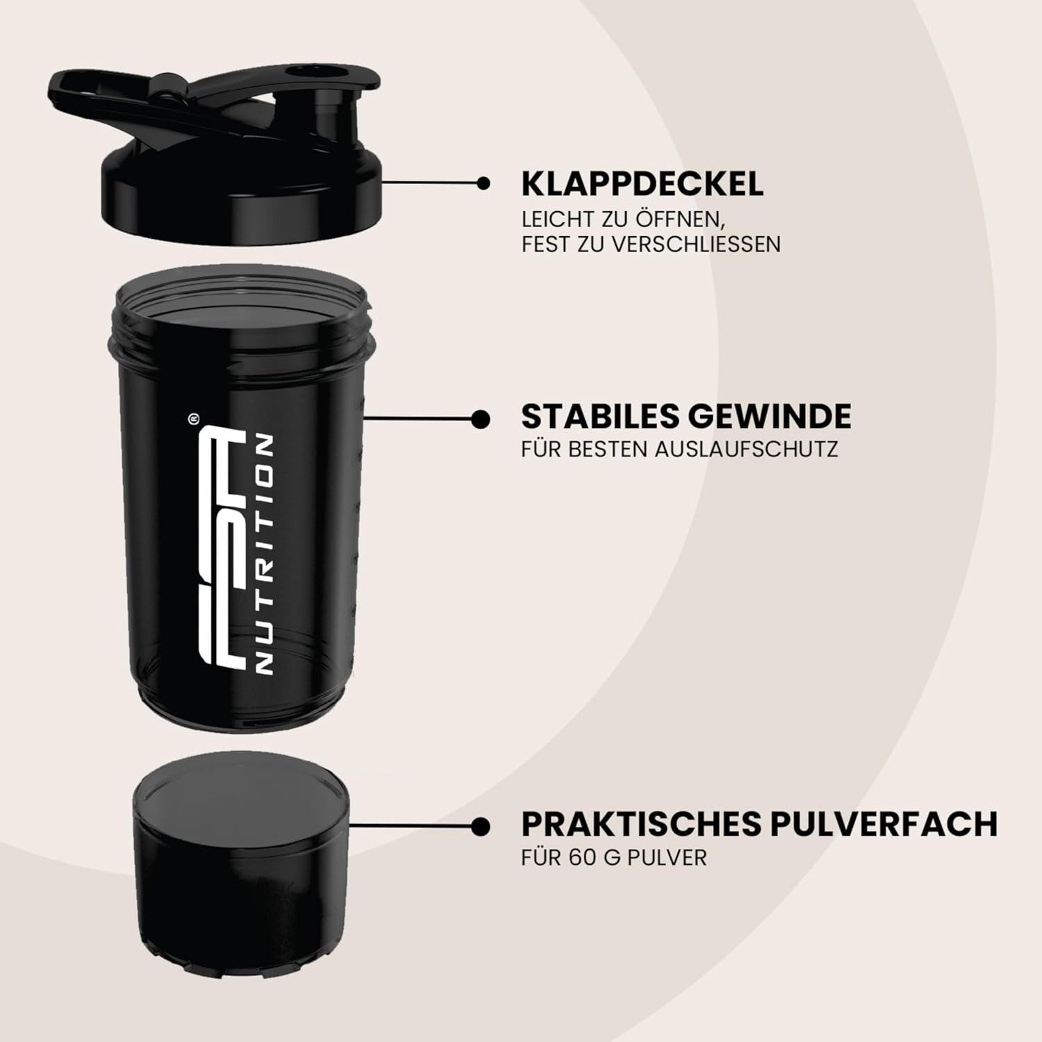 FSA NUTRITION Protein Shaker mit Pulverfach & Mischkugel - Auslaufsicher & Spülmaschinengeeignet, Shaker mit Pulverfach, Skala und Mischsieb - für Krafttraining