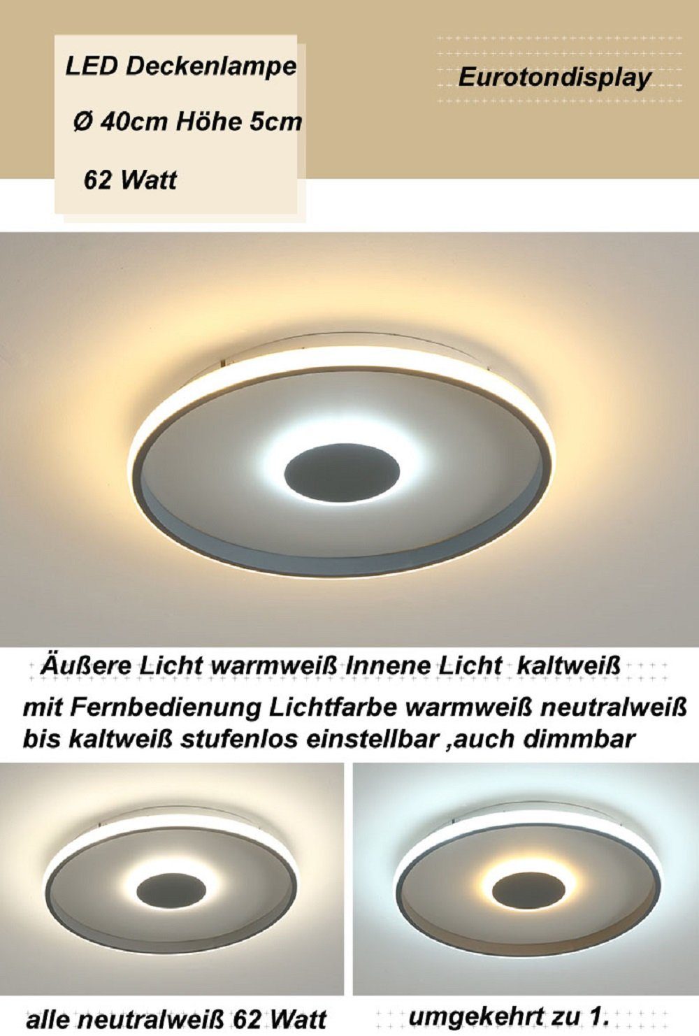 Euroton LED Deckenleuchte LED bis warmweiß, mit einstellbar kaltweiß, k-3000 Fernbedienung k kaltweiß,neutralweiß Deckenleuchte integriert, warmweiß bis fest 7000 stufenlos Lichtfarbe LED