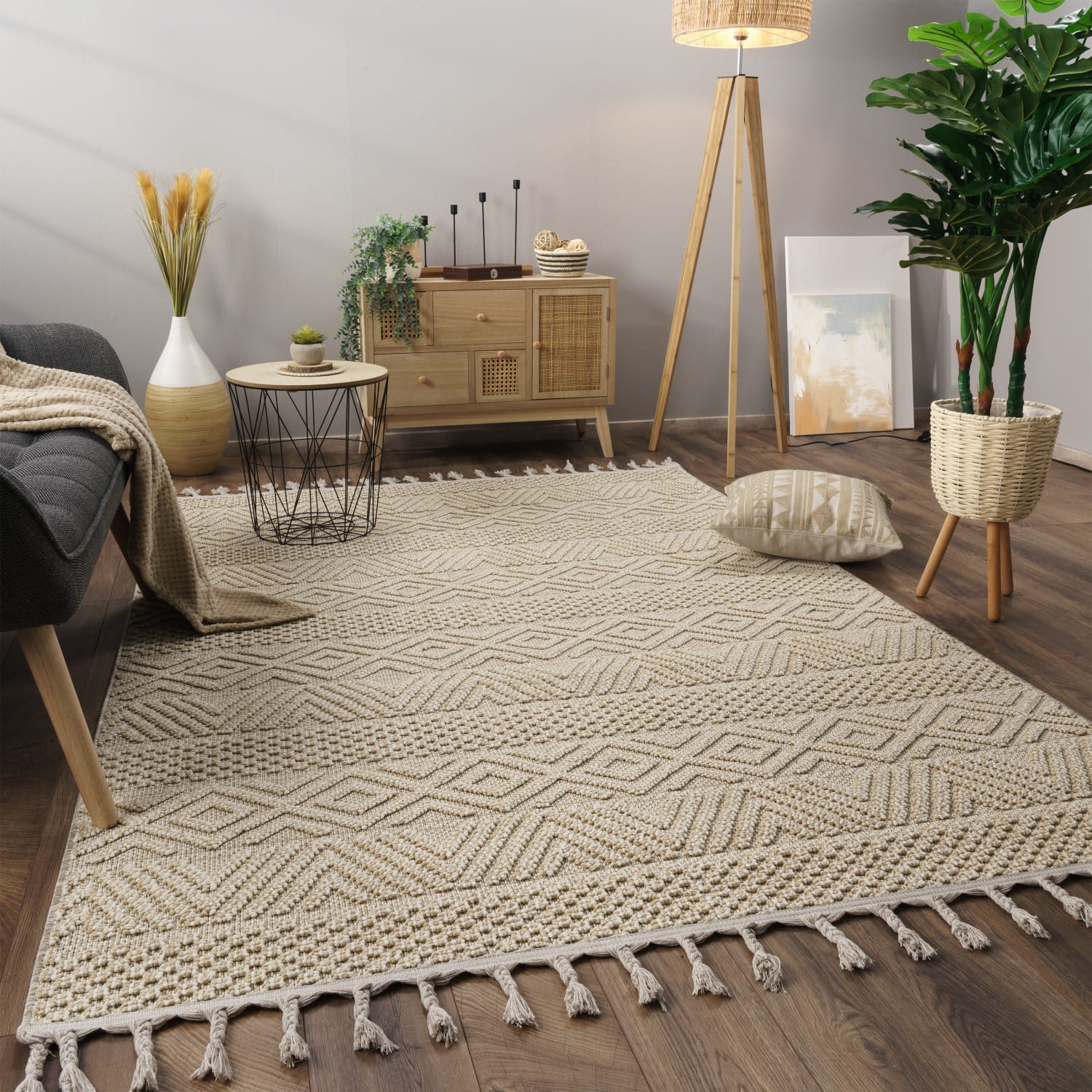 KADIMA DESIGN Teppich Struktur Wohnzimmer schmutzabweisend Teppich Kurzflor, Läufer, Höhe: 11 mm, Florhöhe: 7 mm, 100% Polypropylen, Rechteckig, 80x150cm, Creme