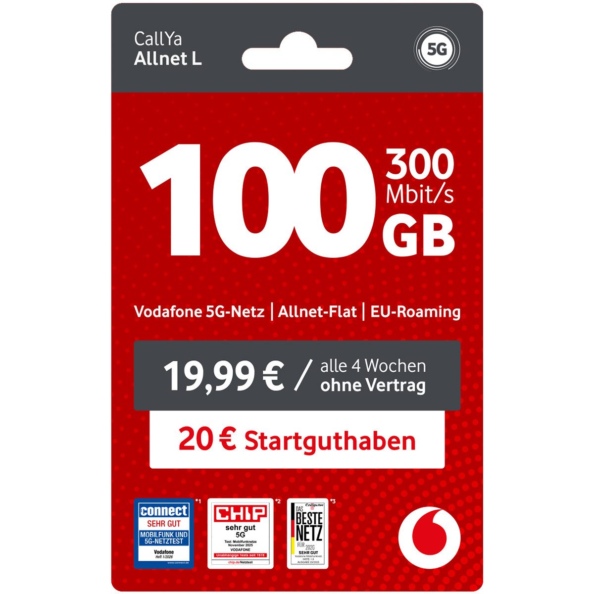 Vodafone CallYa Allnet L Prepaidkarte, (Jetzt 100 GB, 20 € Startguthaben, ohne Vertrag, 5G, Allnet-Flat)