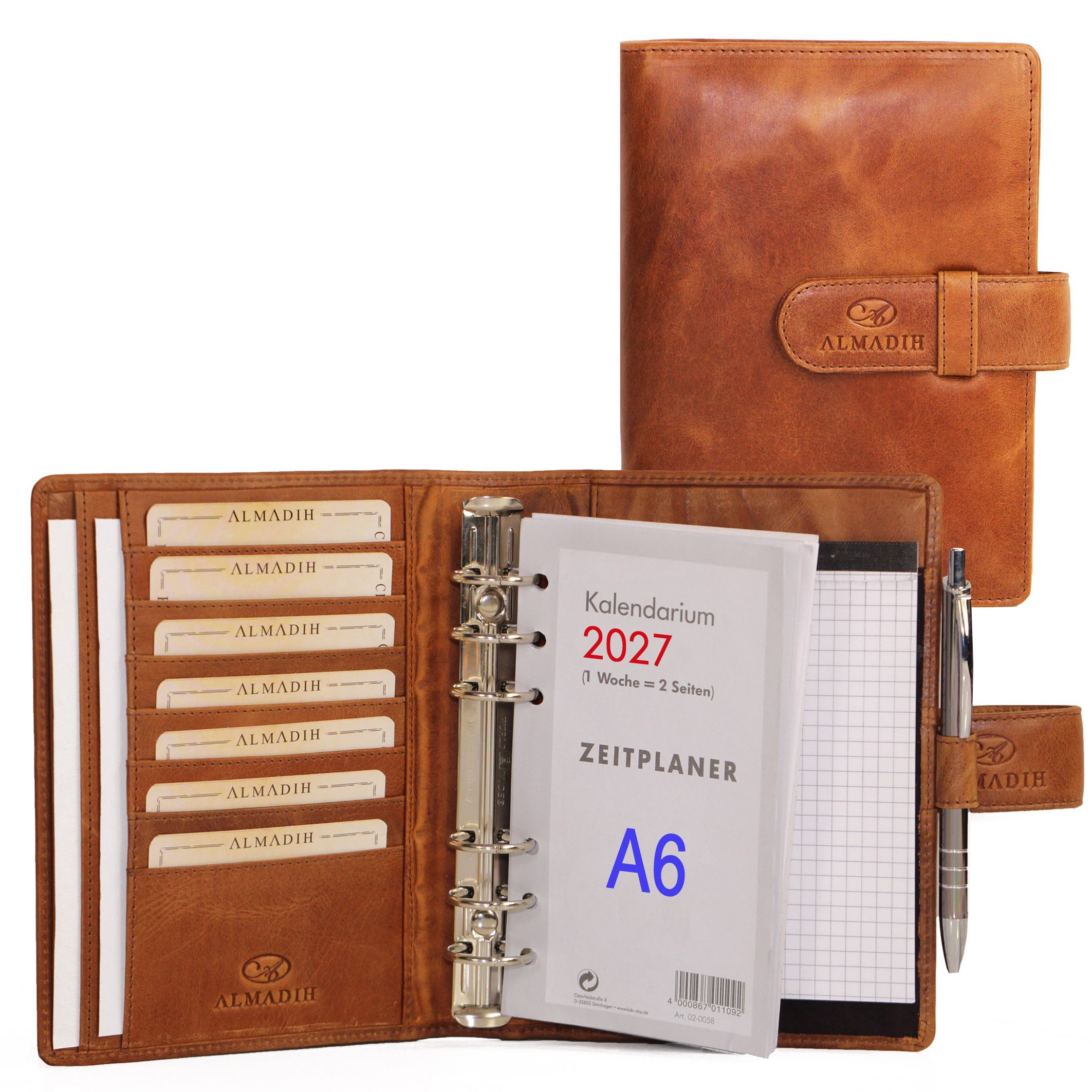 ALMADIH Konferenzmappe Ledermappe A6 Terminplaner Leder Organizer 2026 2027 braun, schwarz