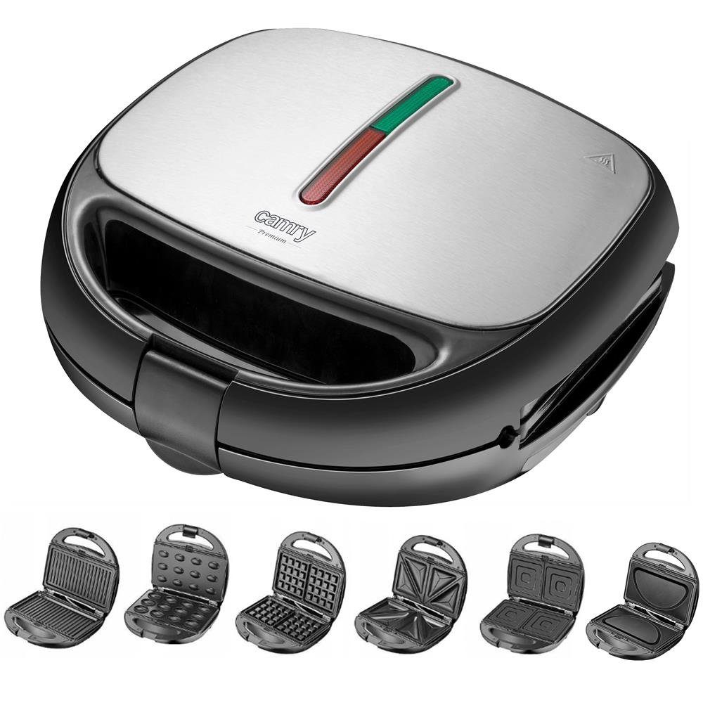 Camry 4-in-1-Sandwichmaker CR 3057 6 in 1, Multifunktionsgerät mit Wechselplatten, Waffeleisen, 1200 W, Kontaktgrill, Omelett, Nussgebäck Maker, schwarz/silber