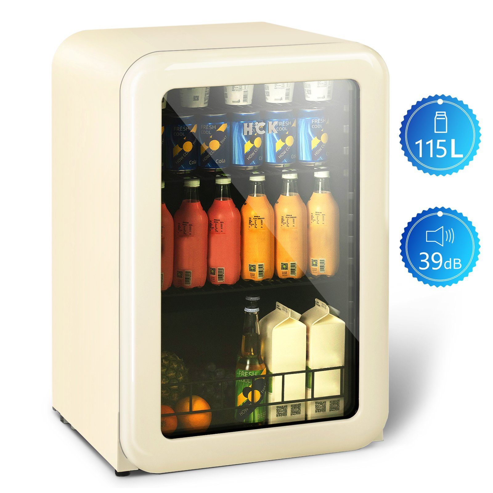 HCK Getränkekühlschrank SC-130RB-S, 83.5 HCK, 4°-22°C, & 55.5 Glastür mit cm dB 115L, 39 cm hoch, breit, LED-Innnenbeleuchtung