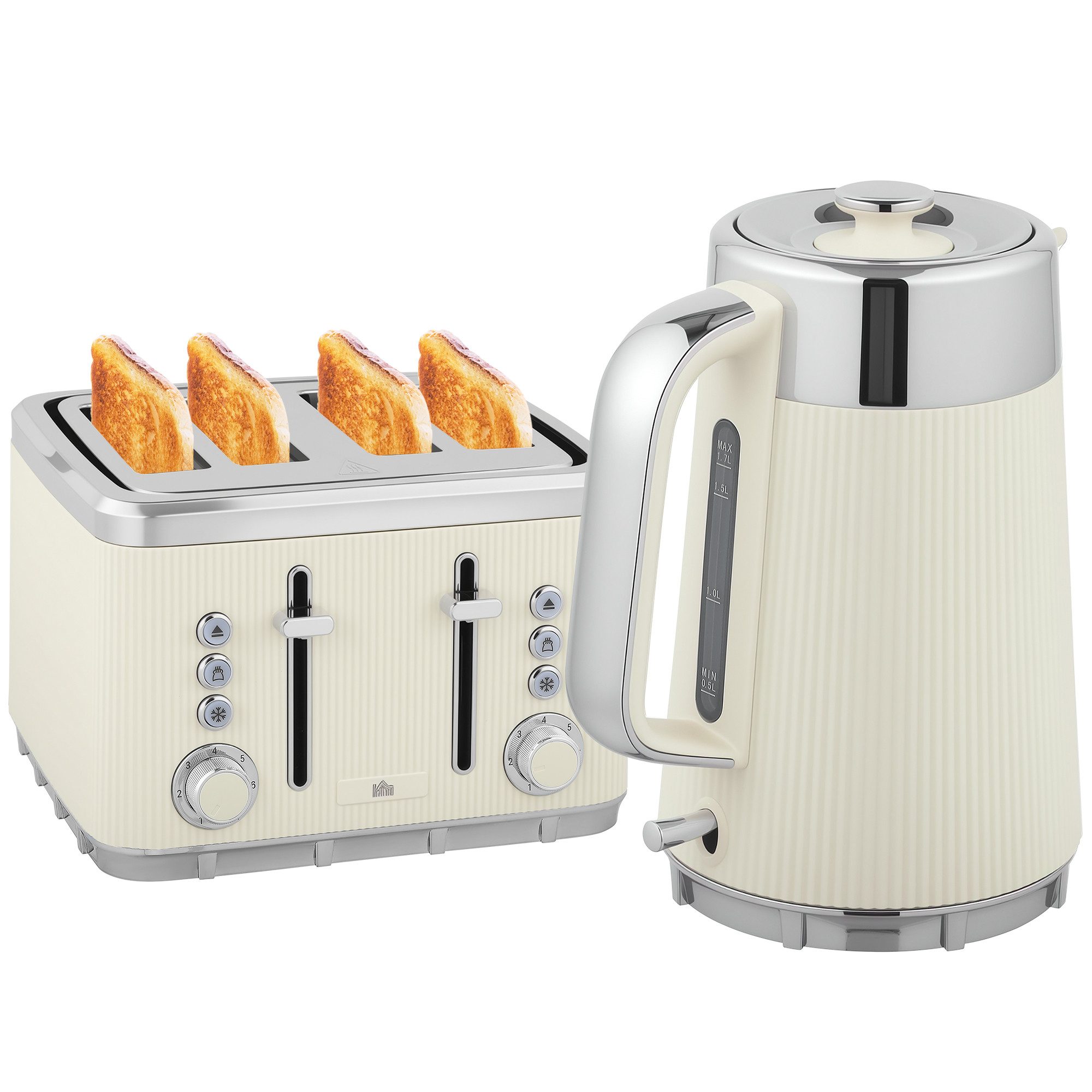 HOMCOM Frühstücks-Set Wasserkocher Toaster Set 1,7L mit Edelstahl-Innenraum 2200W (2-tlg), 4 Scheiben Toaster mit 7 Bräunungsstufen, Kalkfilter