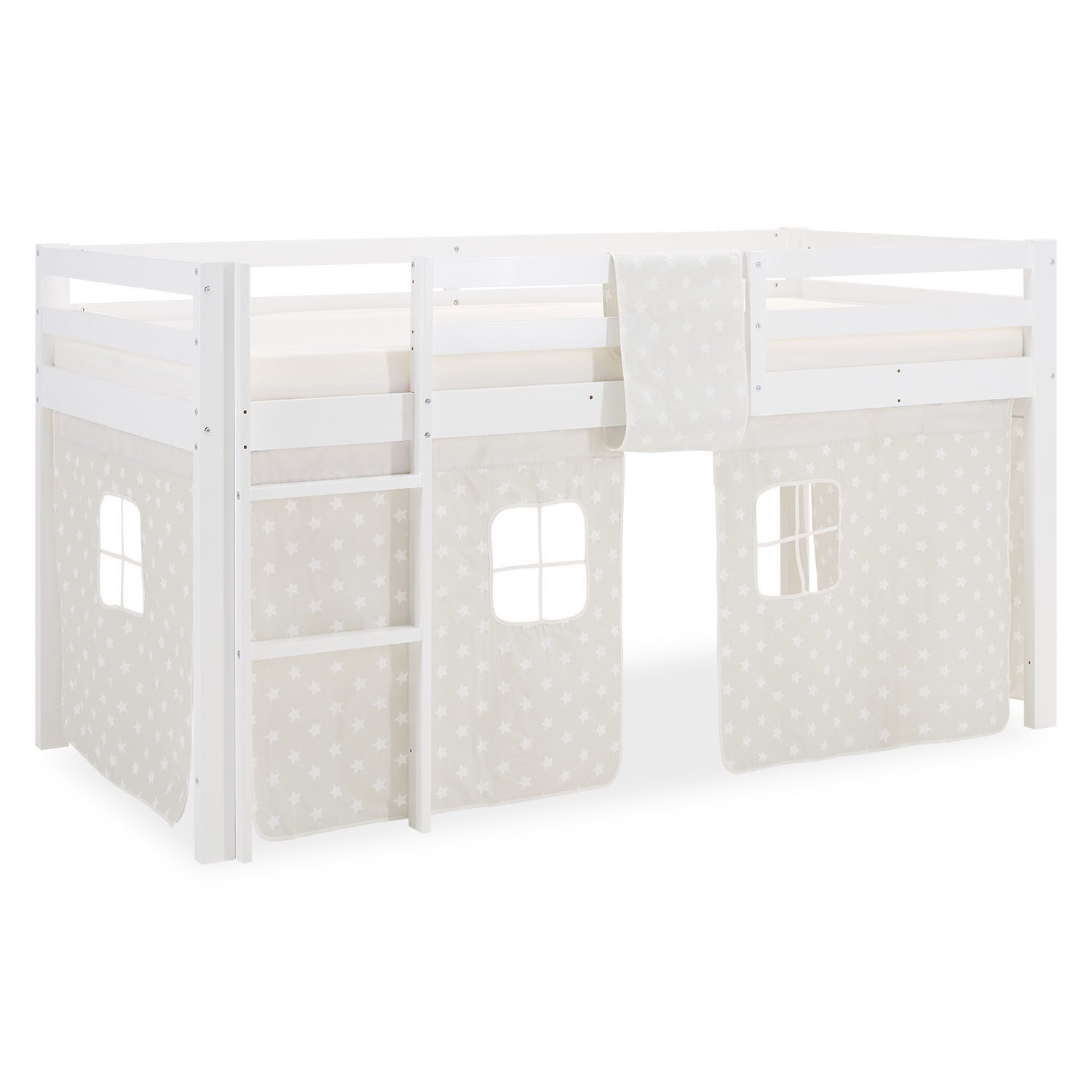 Homestyle4u Hochbett Kinder 90x200 cm Weiß mit Vorhang Sterne Grau Holz Kinderbett Mädchen mit Rausfallschutz, ohne Lattenrost, Jungen Mädchen