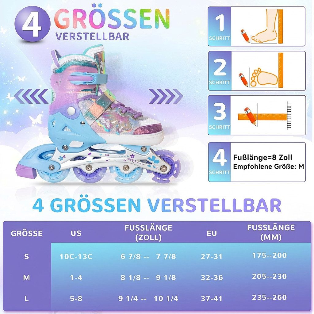 Nattork Inlineskates Kinder Inliner für Mädchen, 4 Größen verstellbar, Schmetterling Inline Rollschuhe (Größe S: 27-31 EU / 175-200 mm)