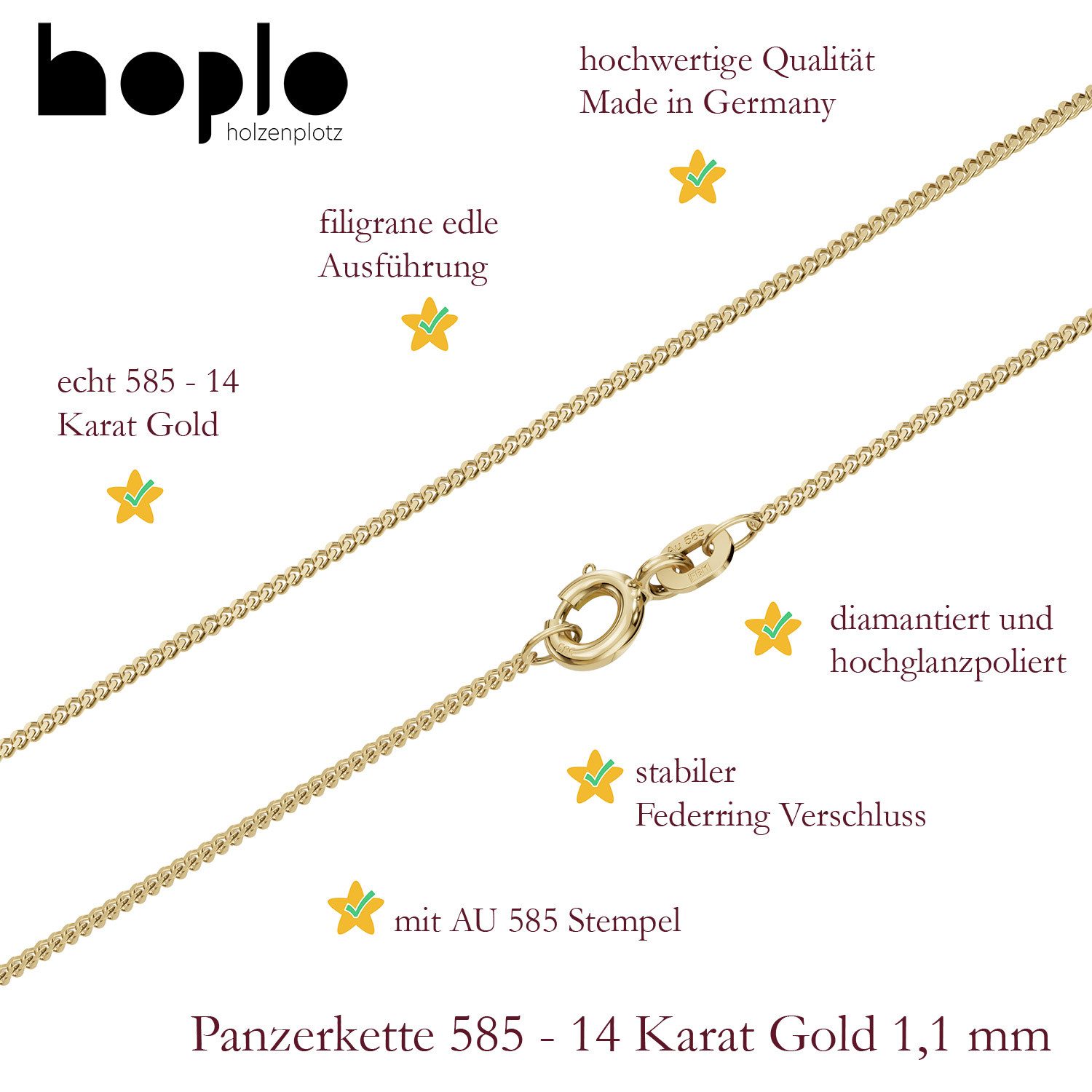HOPLO Panzerkette Goldkette Panzerkette Länge 36cm - Breite 1,1mm - 585-14 Karat Gold, Made in Germany
