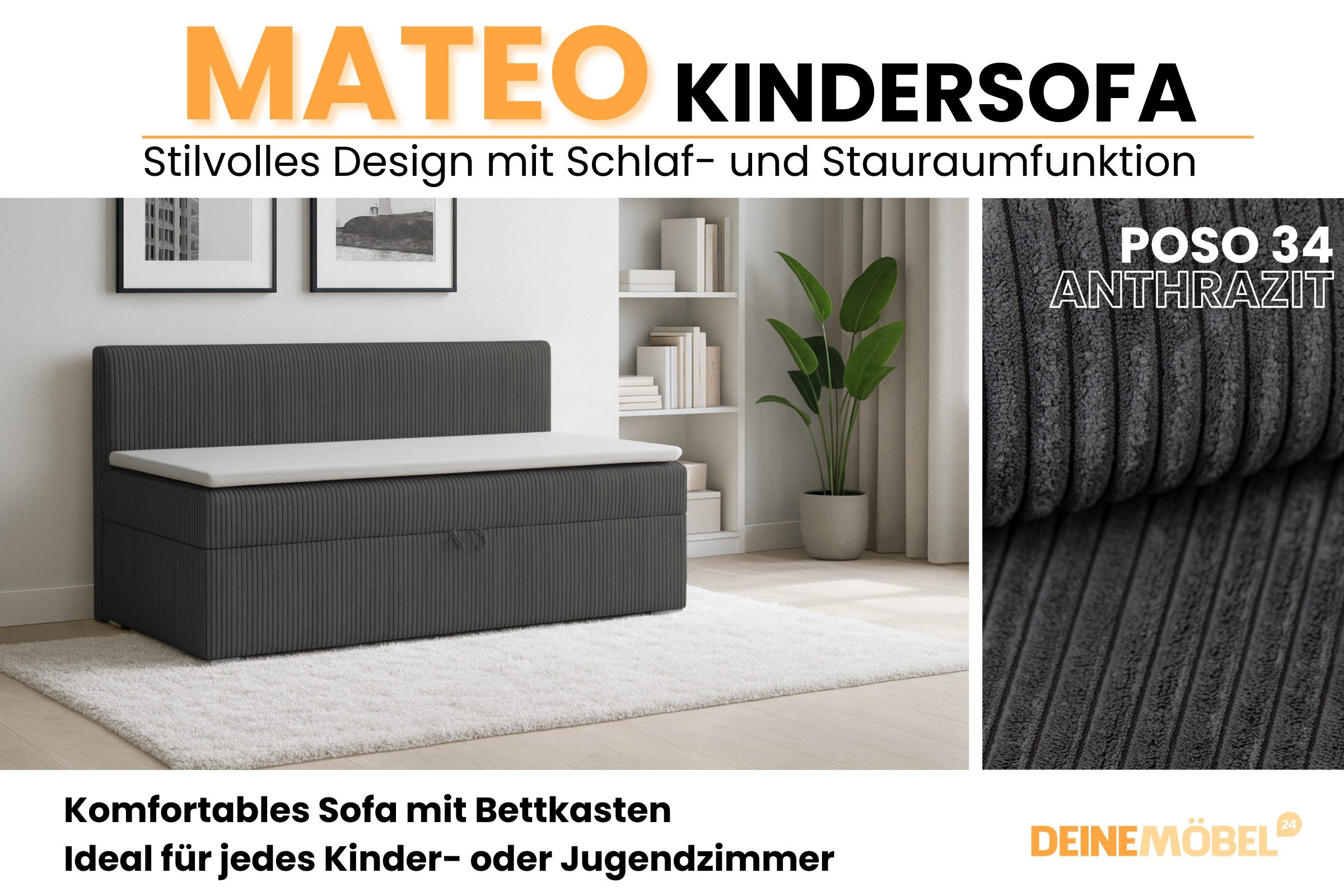 Deine Möbel 24 Boxspringbett MATEO Daybett Tagesbett Schlafsofa Couch Jugendsofa Stauraumbett (Vollwertiges 2-in-1 Möbelstück, in COrd-Stoff Cord-Bezug, 1-St., 90x200, 100x200 cm, Ecru, Beige, Hellgrau, Anthrazit, Schwarz), seitlich aufklappbarer Bettkasten für schnellen & praktischen Stauraum
