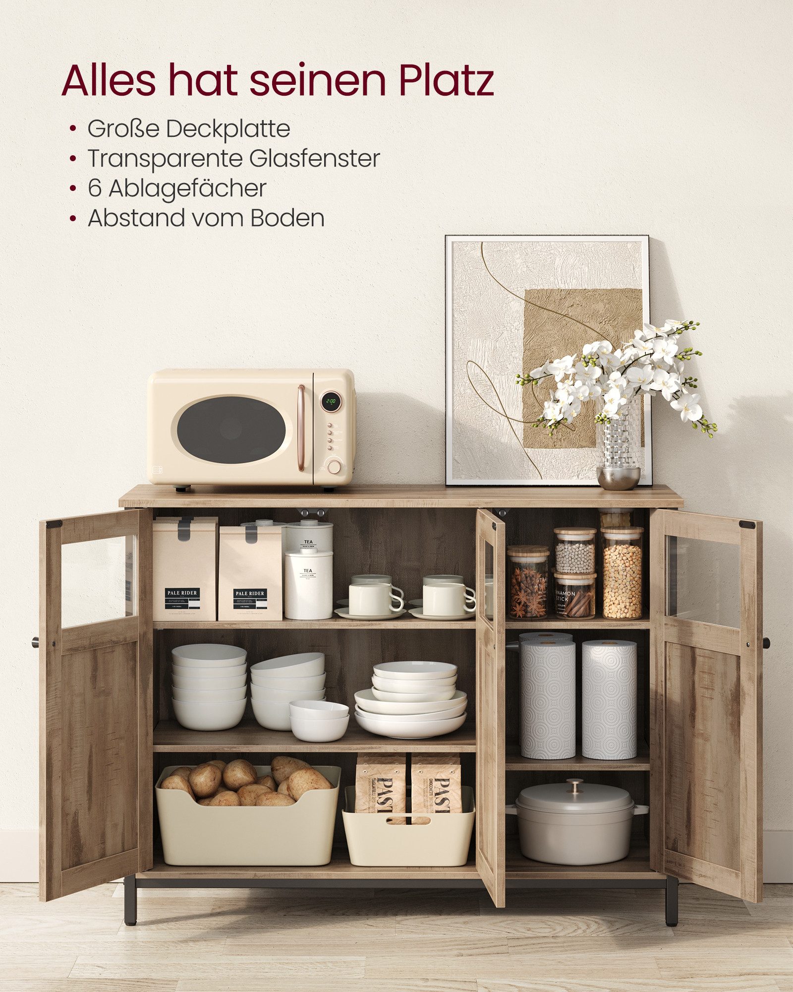 VASAGLE Sideboard Küchenschrank (Aufbewahrungsschrank, Stahlrahmen, Industrie, für Wohnzimmer, Küche, Esszimmer), 100 x 35 x 75 cm, verstellbaren Ablage, mit Glastüren