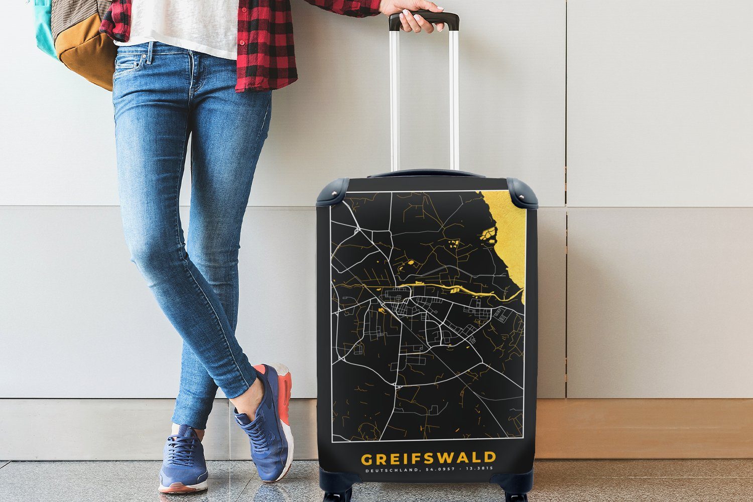 rollen, - Deutschland Reisetasche Schwarz Gold Stadtplan - - Greifswald Trolley, Handgepäckkoffer mit Karte, Reisekoffer - und Rollen, MuchoWow Handgepäck 4 Ferien, für