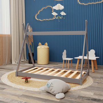 HAGO Kinderbett Montessori Kinderbett 160x80cm grau Tipi Spielbett Zeltform Holz boden
