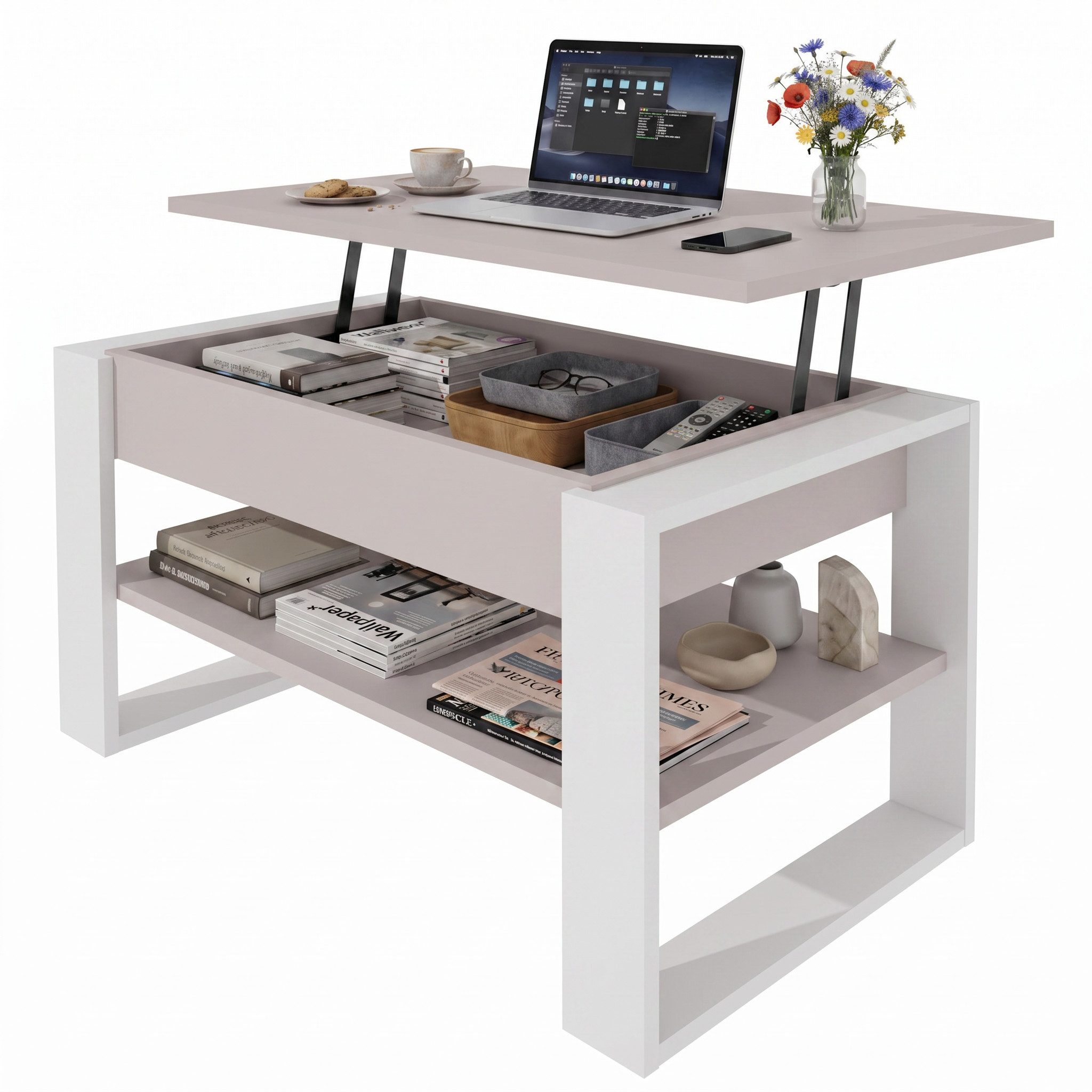 TREND WERK Couchtisch Lift-Couchtisch höhenverstellbar Sofatisch 92×55 cm mit Stauraum (verstecktem Fach Wohnzimmertisch Holz modern) – Bild 2 von 5