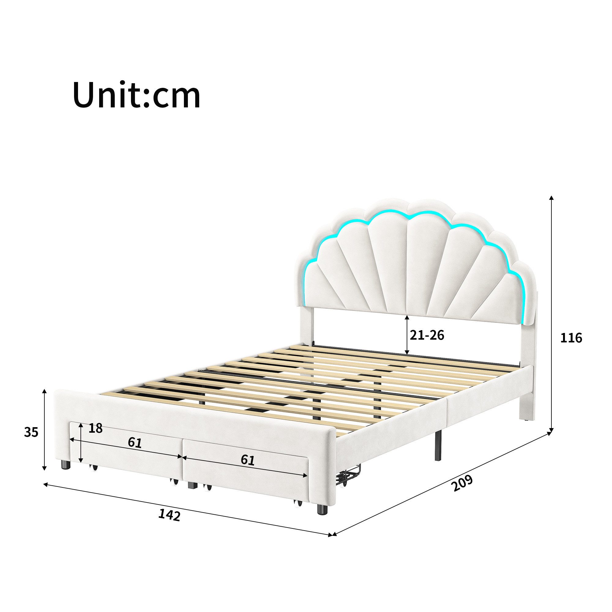 PXloue Polsterbett Kinderbett Jugendbett (Kopfteil hochstellbar), Doppelbett,Cloud-Kopfteil,mit LED-Beleuchtung und Lattenrost,140x200cm – Bild 4 von 5