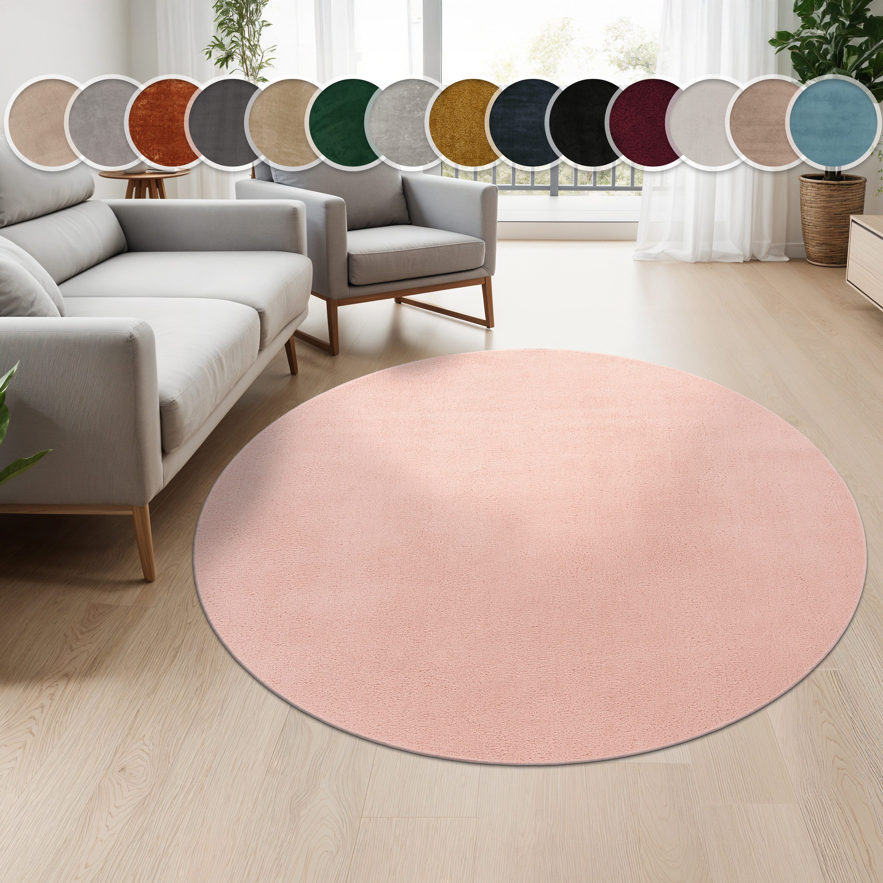 Paco Home Teppich Cadiz 630, rund, Höhe: 14 mm, Kurzflor, Uni-Farben, besonders weich, waschbar, Wohnzimmer