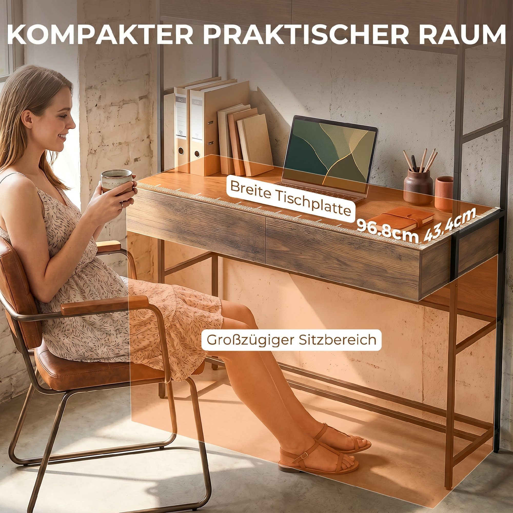 HOMCOM Schreibtisch Computertisch Bürotisch mit Regalen und Türen (Set, 1-St., 1 Tisch), für Homeoffice, Wohnzimmer, Braun – Bild 5 von 5