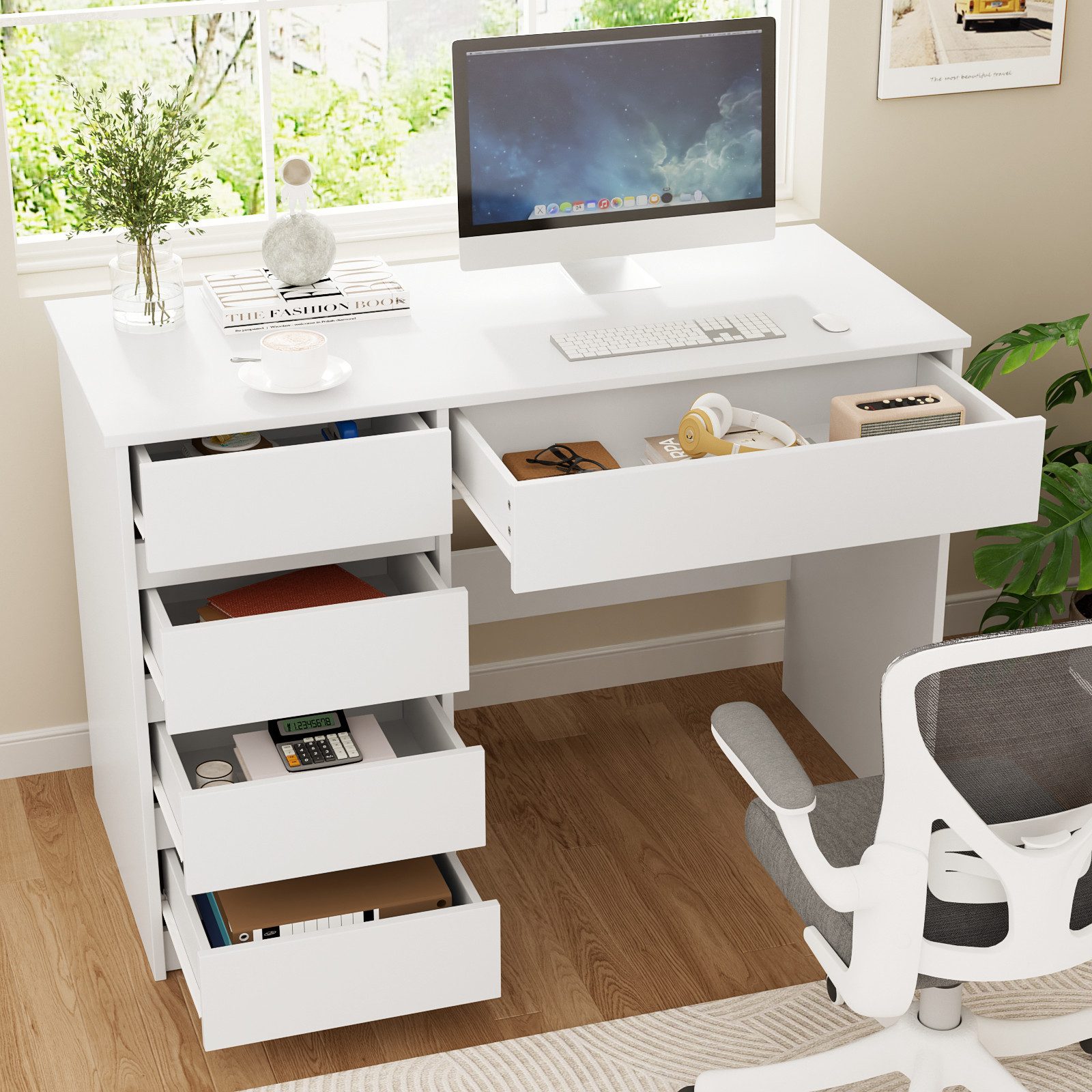 VOWNER Schreibtisch mit 5 Schubladen, modernes einfaches Studier- und PC-Tisch (1-St), Für kleines Raum & Heimbüro – Abmessungen: 110x50x75 cm
