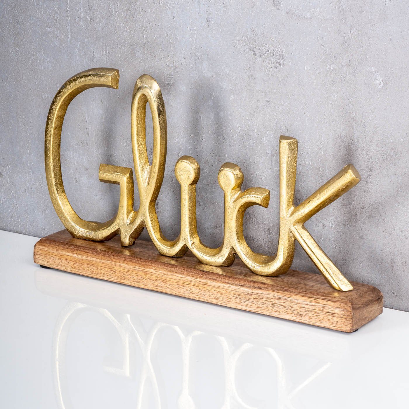 Tischdeko Deko-Schriftzug, Glück Mango Deko L30cm Holz Levandeo® Metall Gold Schriftzug
