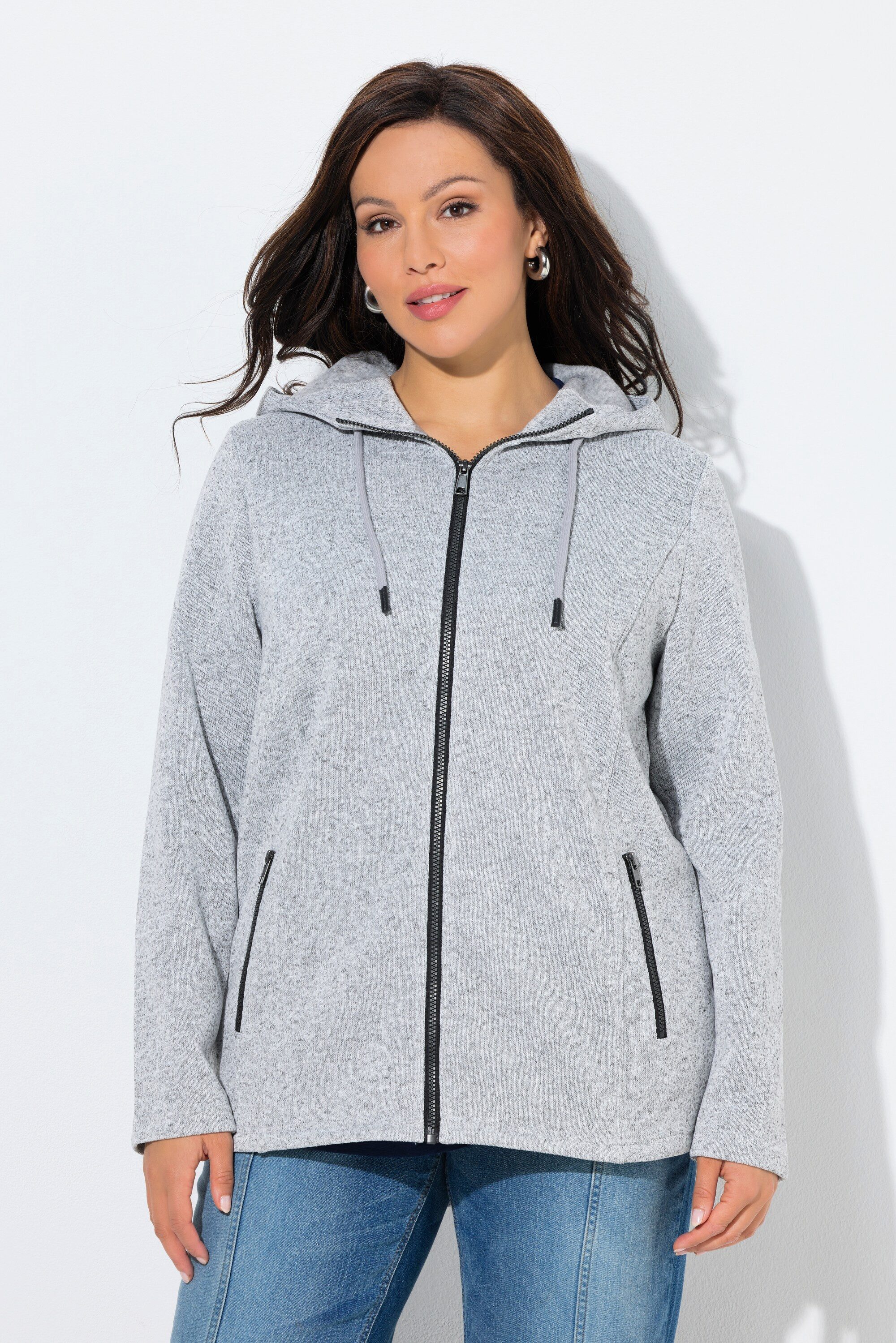 Ulla Popken Sweatjacke Strickfleece-Jacke Kapuze Reißverschlusstaschen