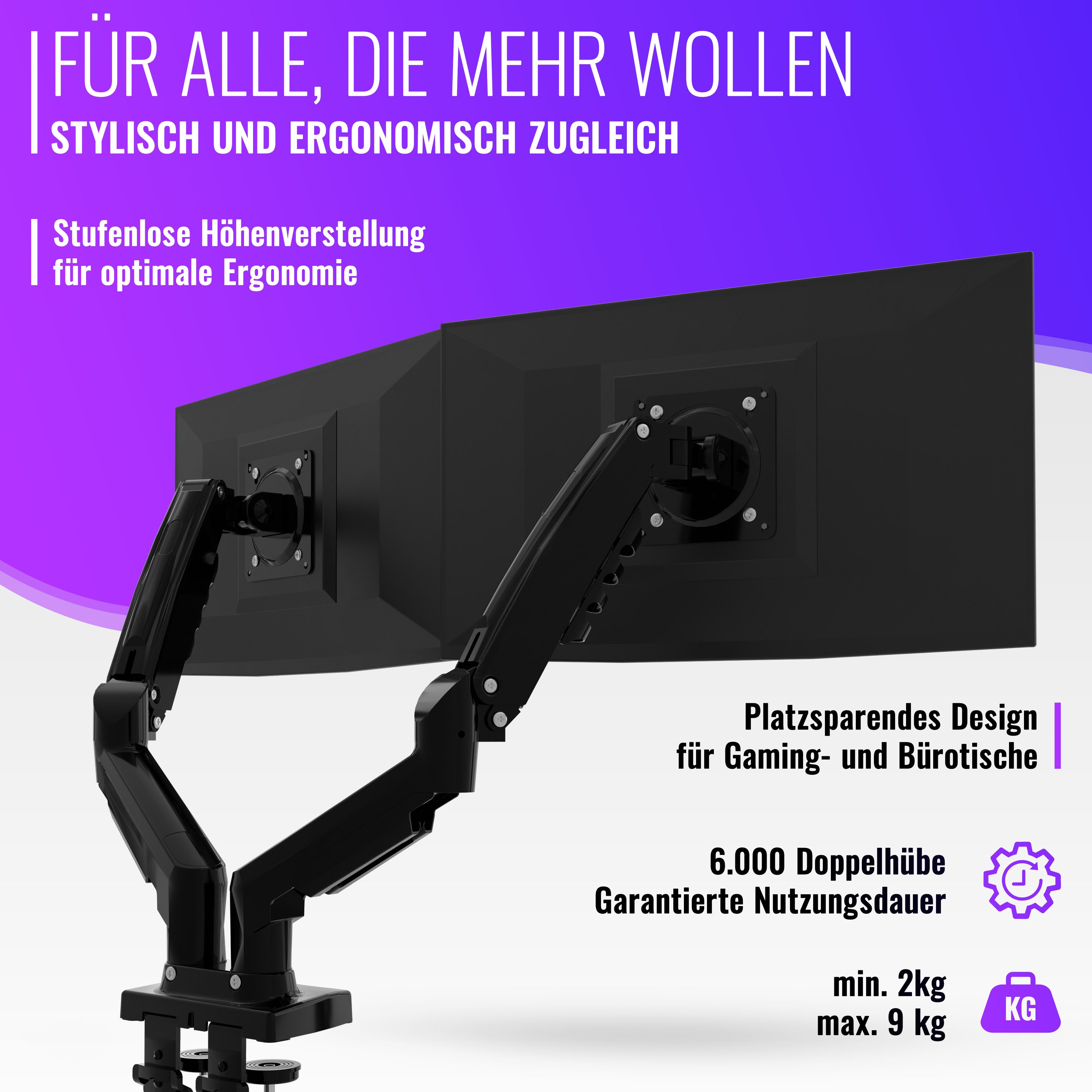 Poppstar Monitor-Halterung Höhenverstellbare Tischhalterung für 2 Monitore (17 Zoll bis 27 Zoll), (bis 27,00 Zoll, 360° schwenkbare, drehbare & neigbare Monitor-Arme)