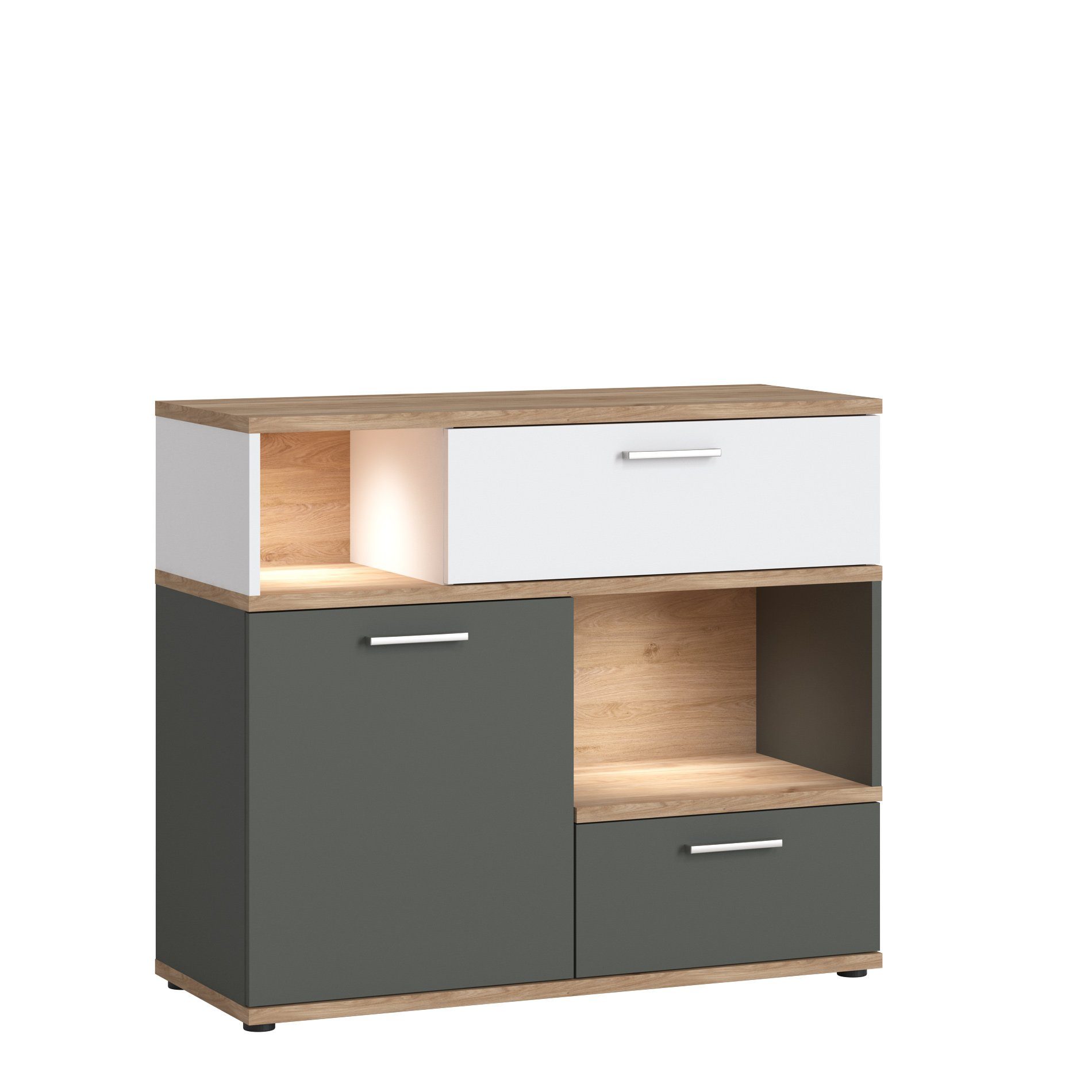 mit mit und (Sparset, Sideboard Lomadox Bett, weiß 90x200cm grau Eiche 2-tlg), Jugendzimmer-Set mit TOMAR-129, Beleuchtung,