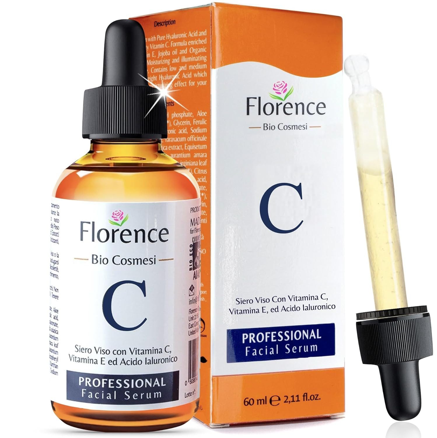 Florence Organics Gesichtspflege 60ml Bio Hyaluron Serum mit Vitamin C, E. Hochkonzentriert Anti-Falten, Anti-Aging & Dunkle-Flecken Hyaluronsäure-Gesichtsserum