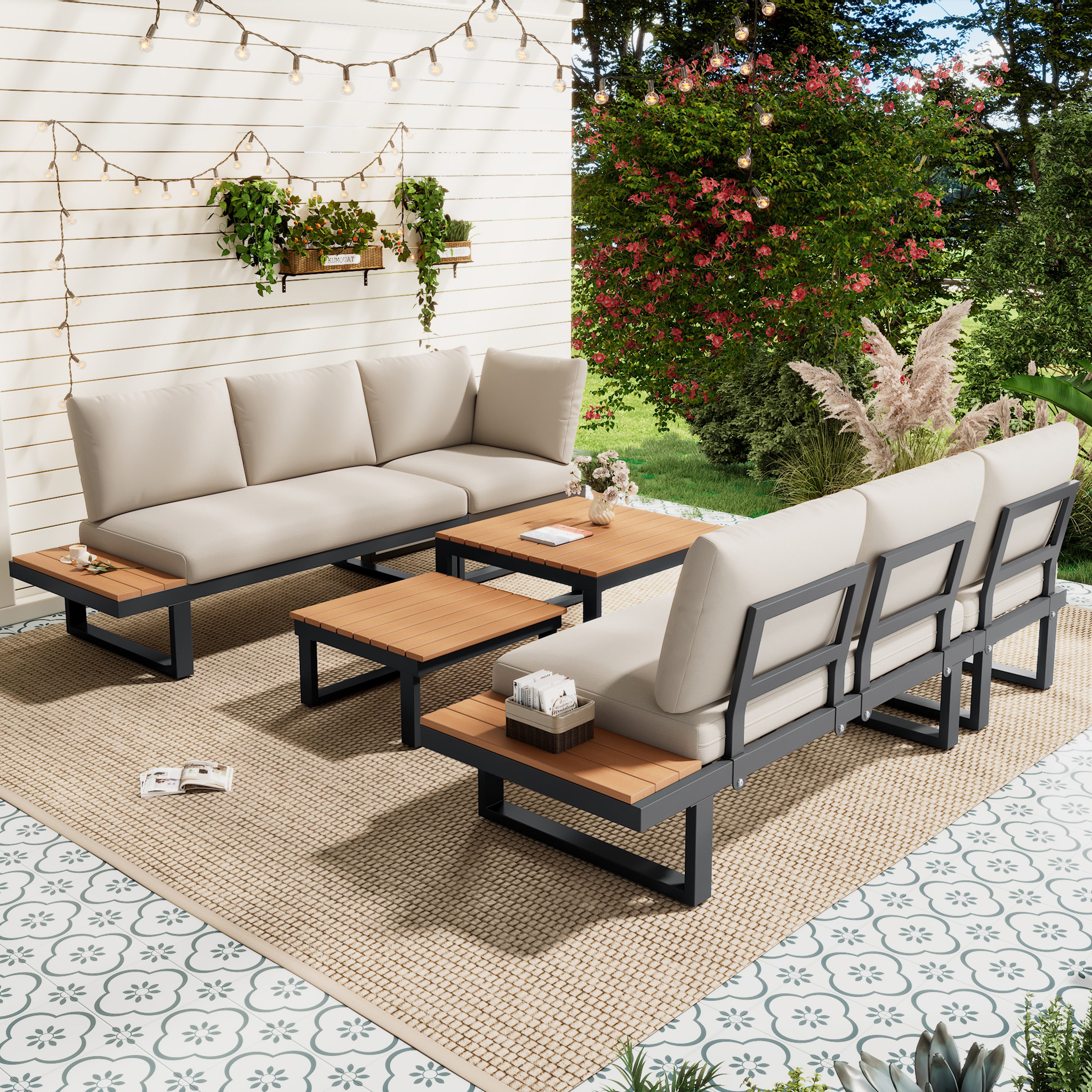 Flieks Gartenlounge-Set, 6-Sitzer Gartenmöbel 2 Tisch, Ecksofa mit 5-stufig-Neigungsfunktion