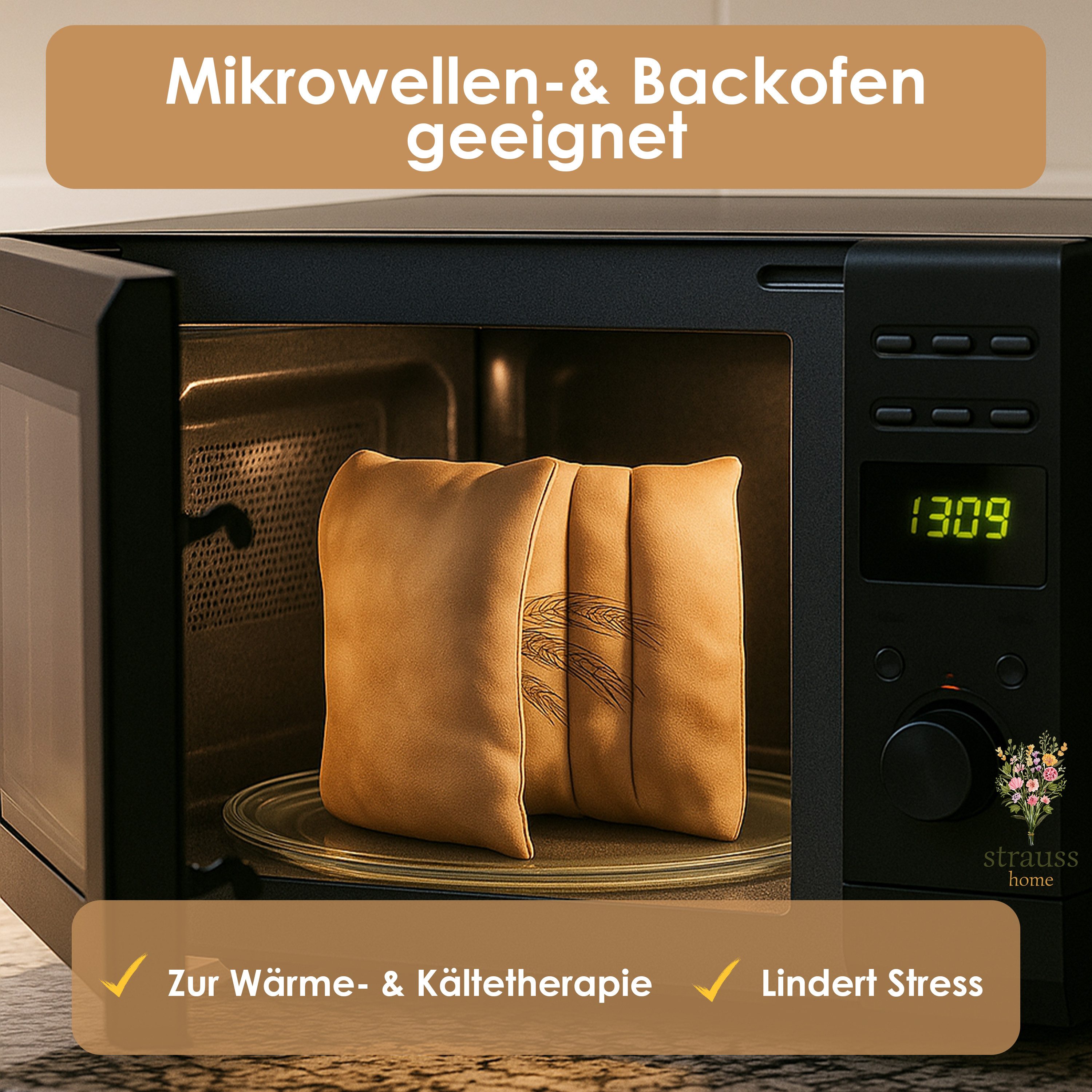 Strauss Home Large Heated Grain Pillow – Microwaveable, Natural Wheat Grains (1 piece), for neck tension and more – Removable cover