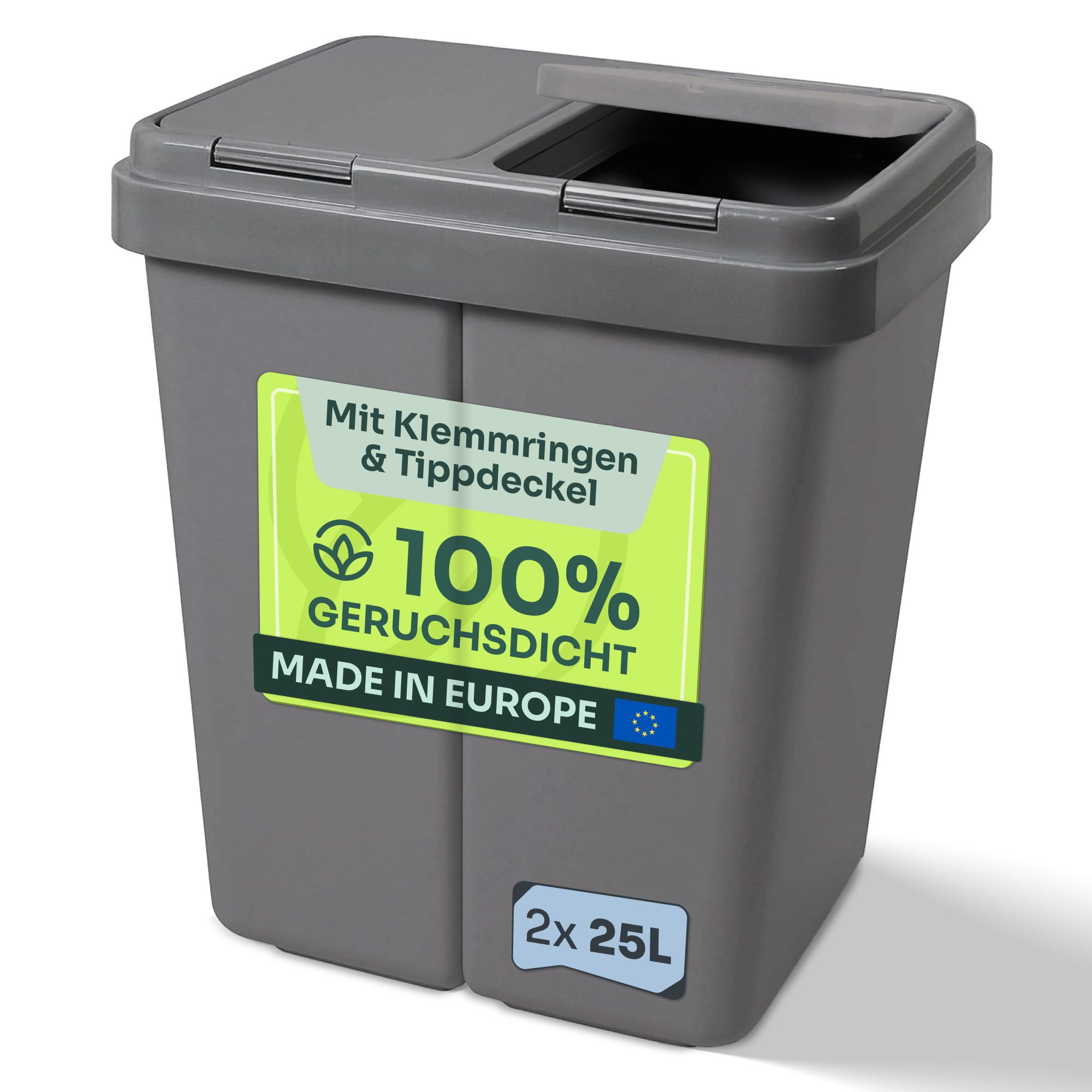 Gardissimo Mülleimer Mülltrennsystem Duo Bin grau 2 fach Müll Tonne Abfalleimer Sortierer, mit Tipp-Deckeln und Klemmringen / inkl. 2 Ersatzfedern