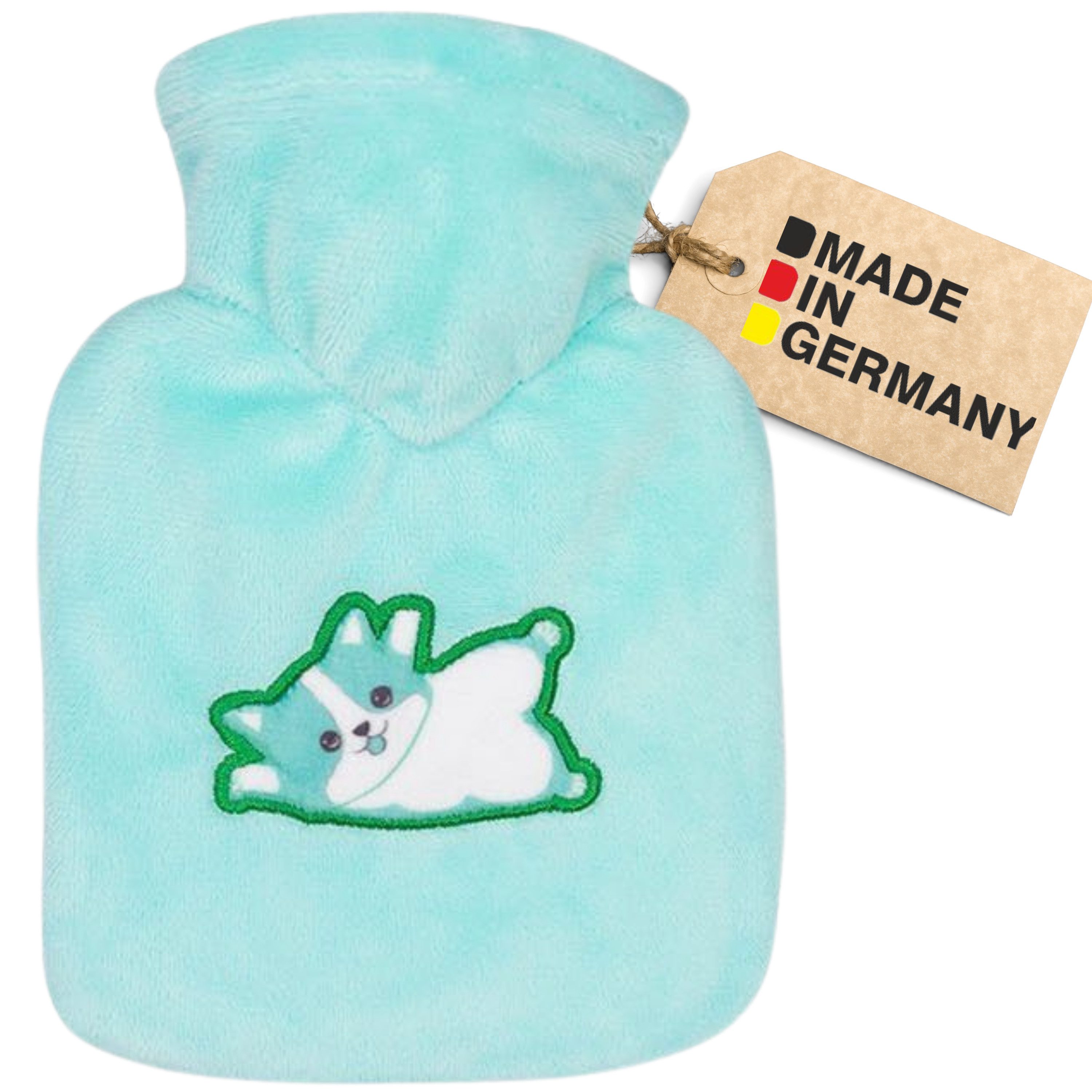 Hugo Frosch Wärmflasche Klassik Mini 0,2 l Handwärmer Made in Germany mit Tier-Veloursbezug, Katze Mint - langlebige Bettflasche, waschbarer Überzug