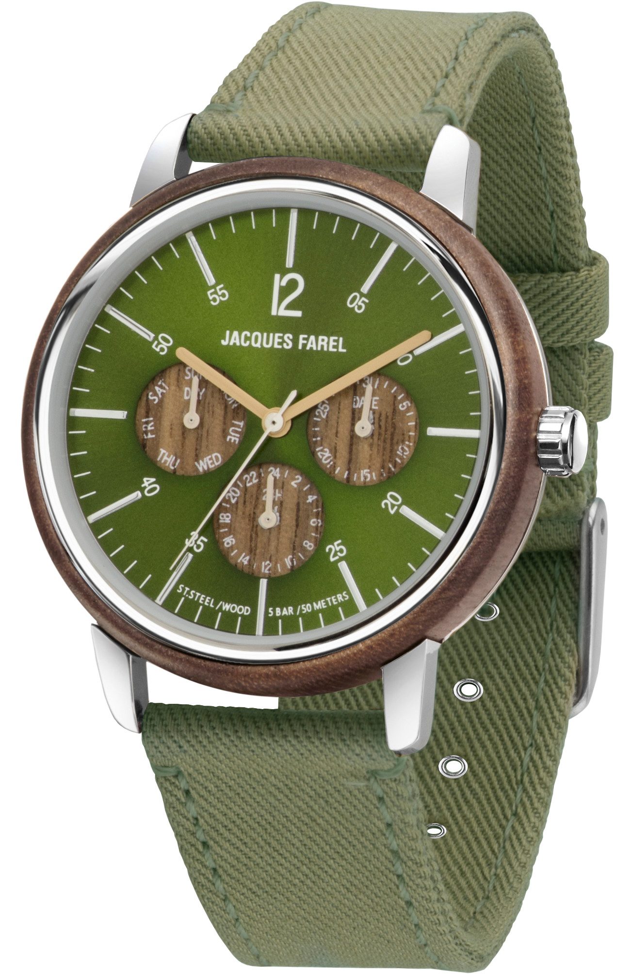 Jacques Farel Quarzuhr ORM2033 nachhaltige Herren Damen Armbanduhr Stahlgehäuse Holzring Lyocellband 5 bar, Analog Dunkelgrün Dunkelbraun Multifunktion Datum Wochentag 24h Ø42 mm