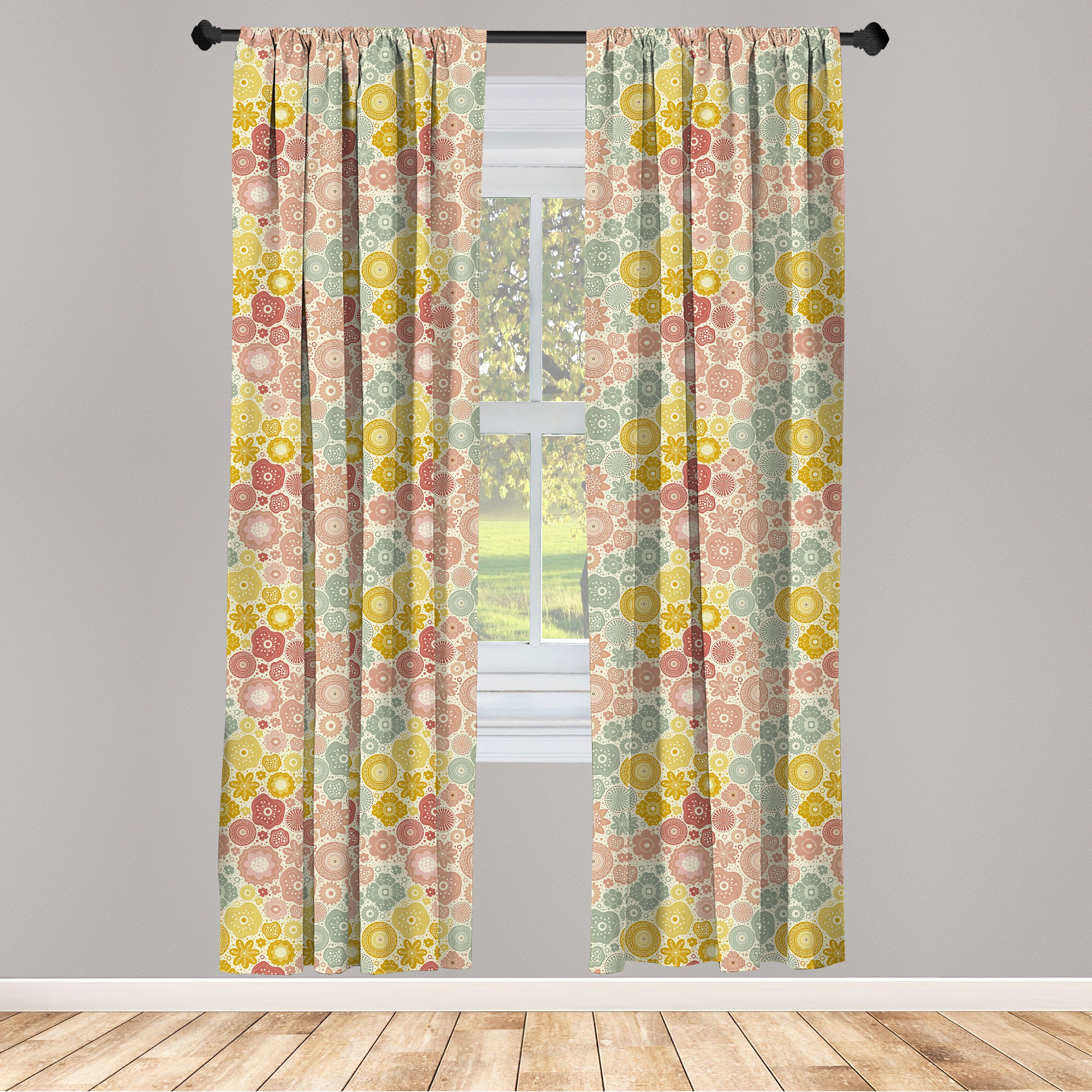 Gardine Vorhang für Wohnzimmer Schlafzimmer Dekor, Abakuhaus, Microfaser, Blumen Blütenblätter und Punkte | Fertiggardinen
