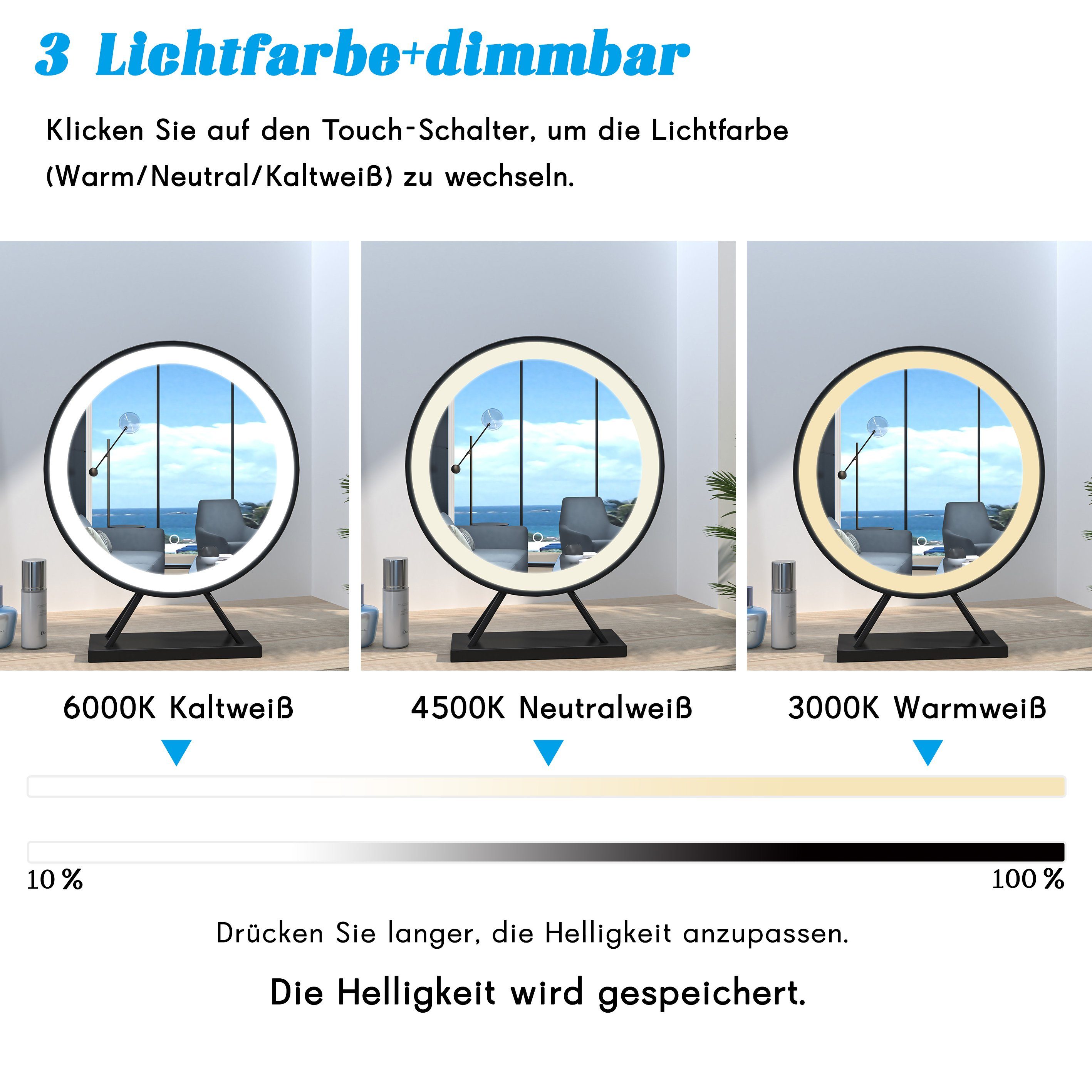 duschspa Kosmetikspiegel Schminkspiegel LED Kosmetikspiegel mit Beleuchtung Tischspiegel, mit Touch, 3 Lichtfarben Dimmbar, Memory-Helligkeit, 360° Drehbar
