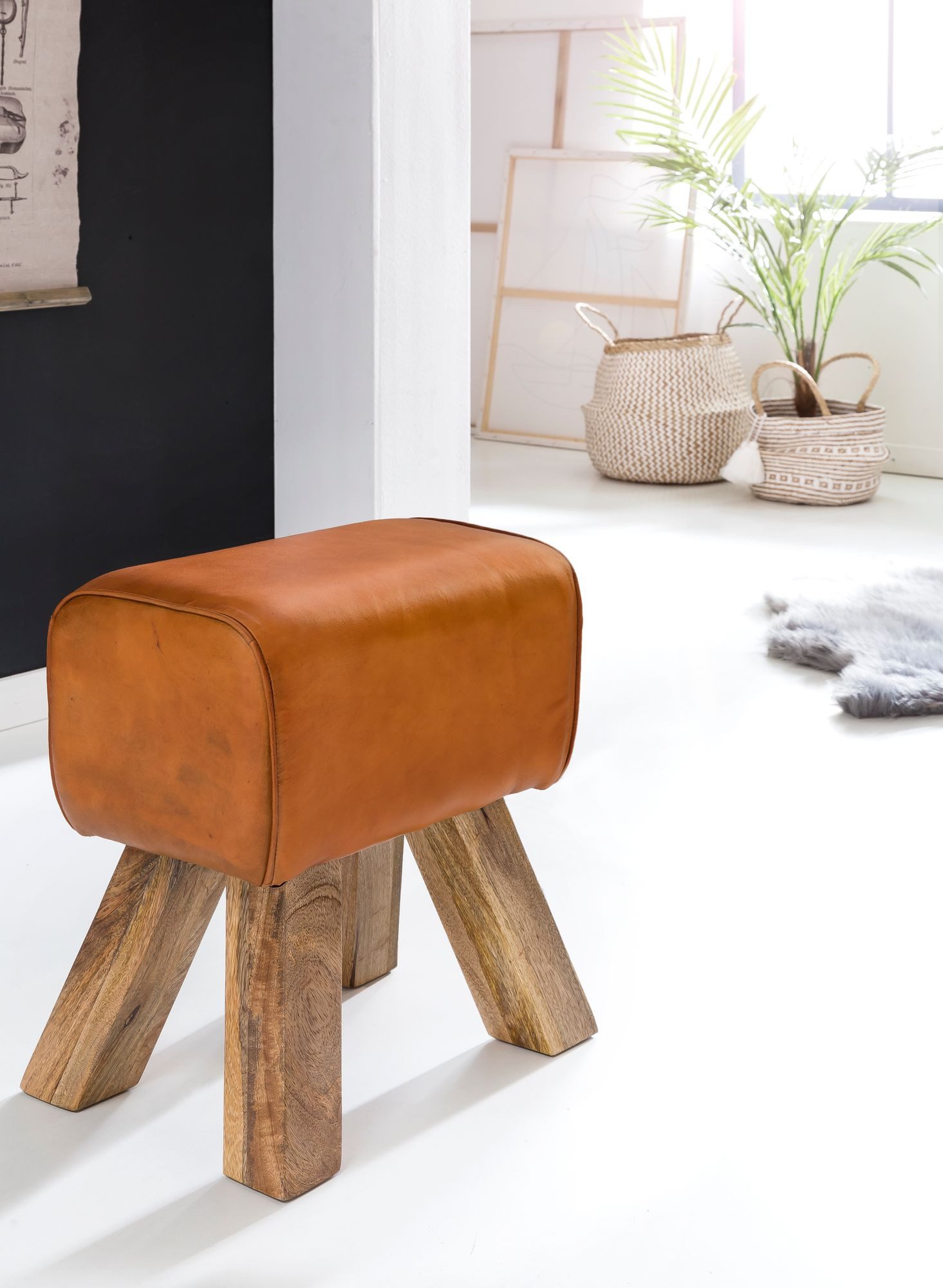 Wohnling Sitzhocker WL5.108 Leder Braun Massivholz Springbock Fußhocker Turnhocker (Turnbock Echtleder Hocker Braun 40 x 30 x 47 cm), Turnhocker Springbock, Lederhocker Modern