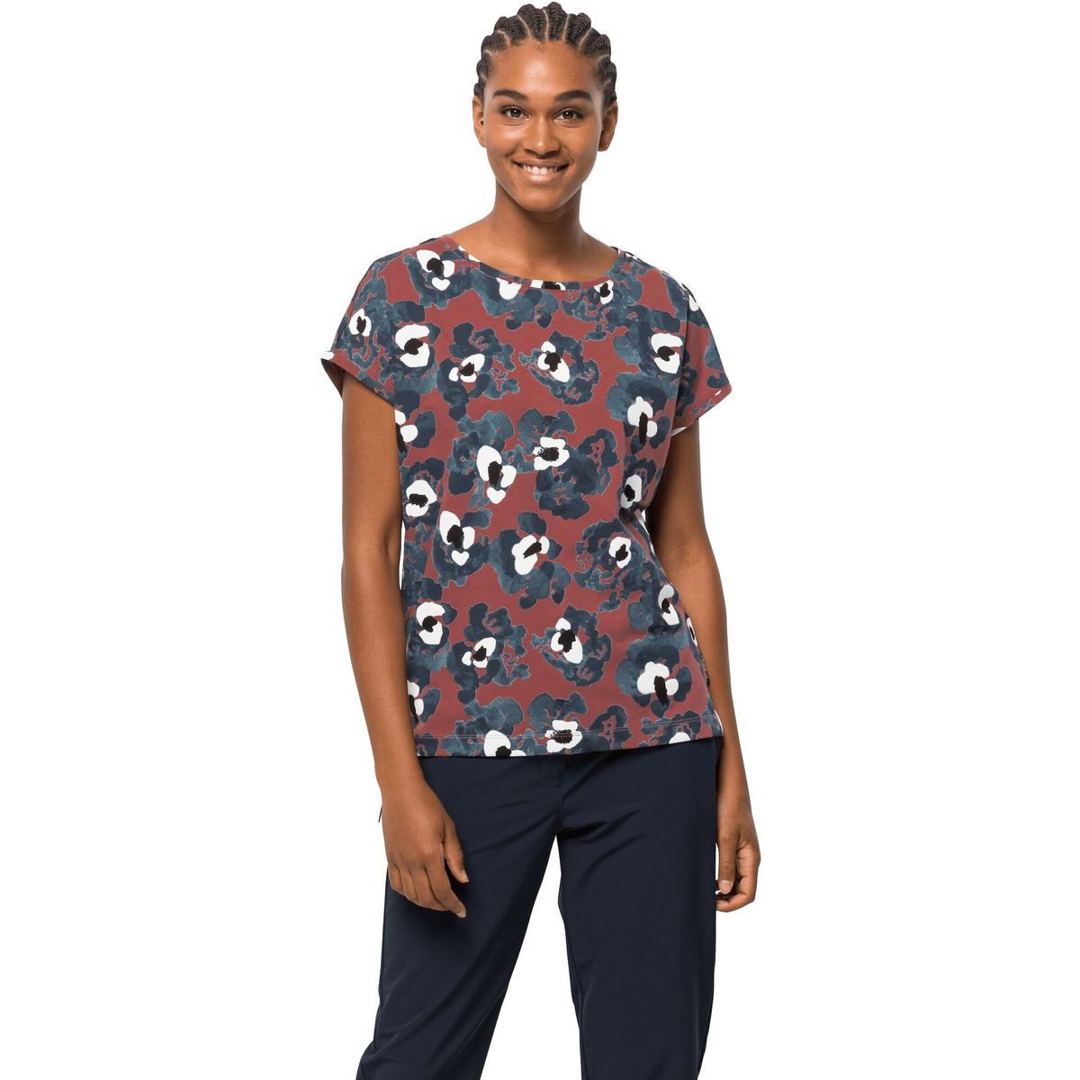 Jack Wolfskin Kurzarmshirt Florell T W Leichtes, pflegeleichtes T-Shirt aus Bio-Baumwolle mit floralem