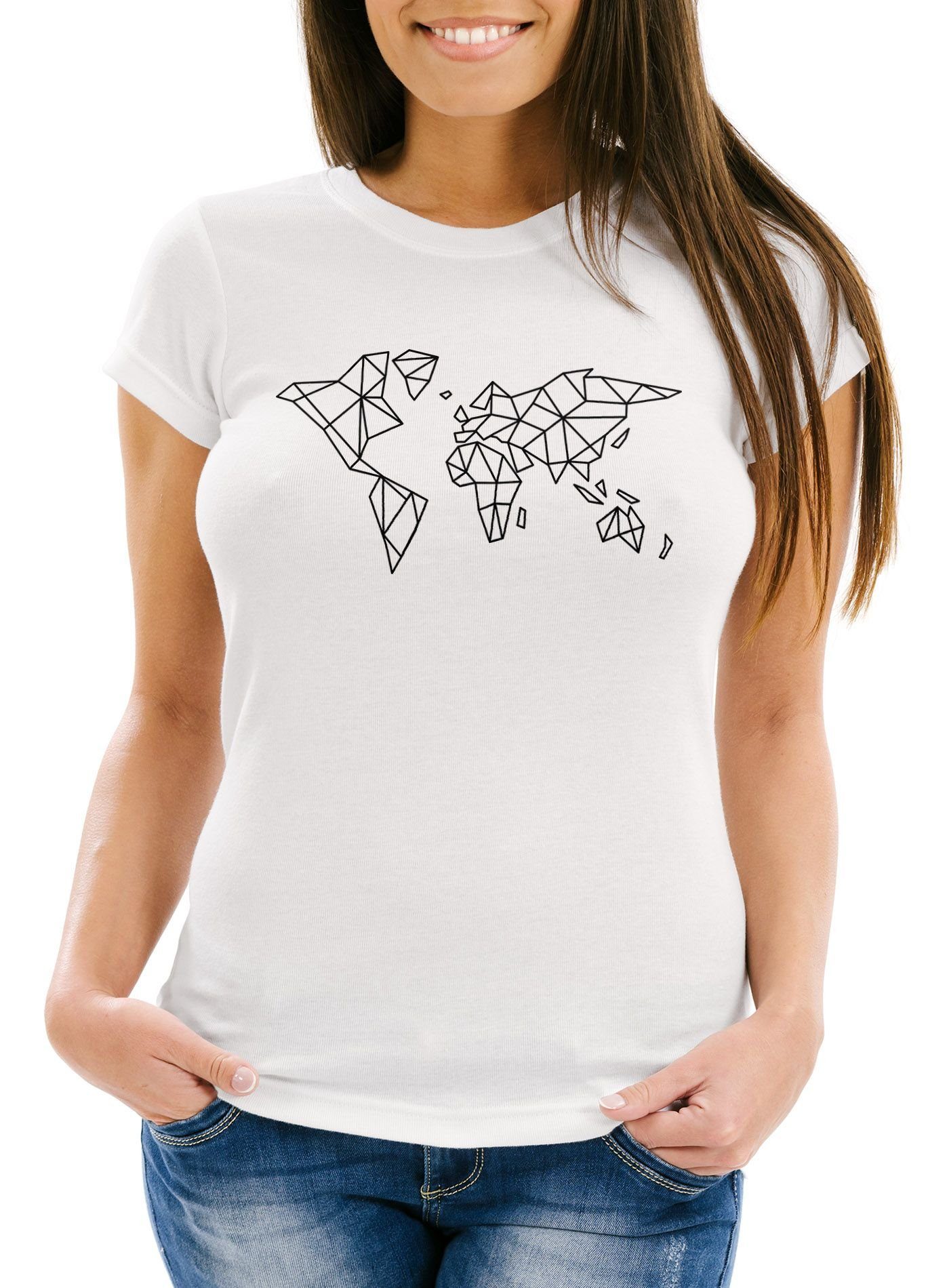 MoonWorks Print-Shirt Damen T-Shirt Weltkarte World Map Low Polygon Slim  Fit Moonworks® mit Print