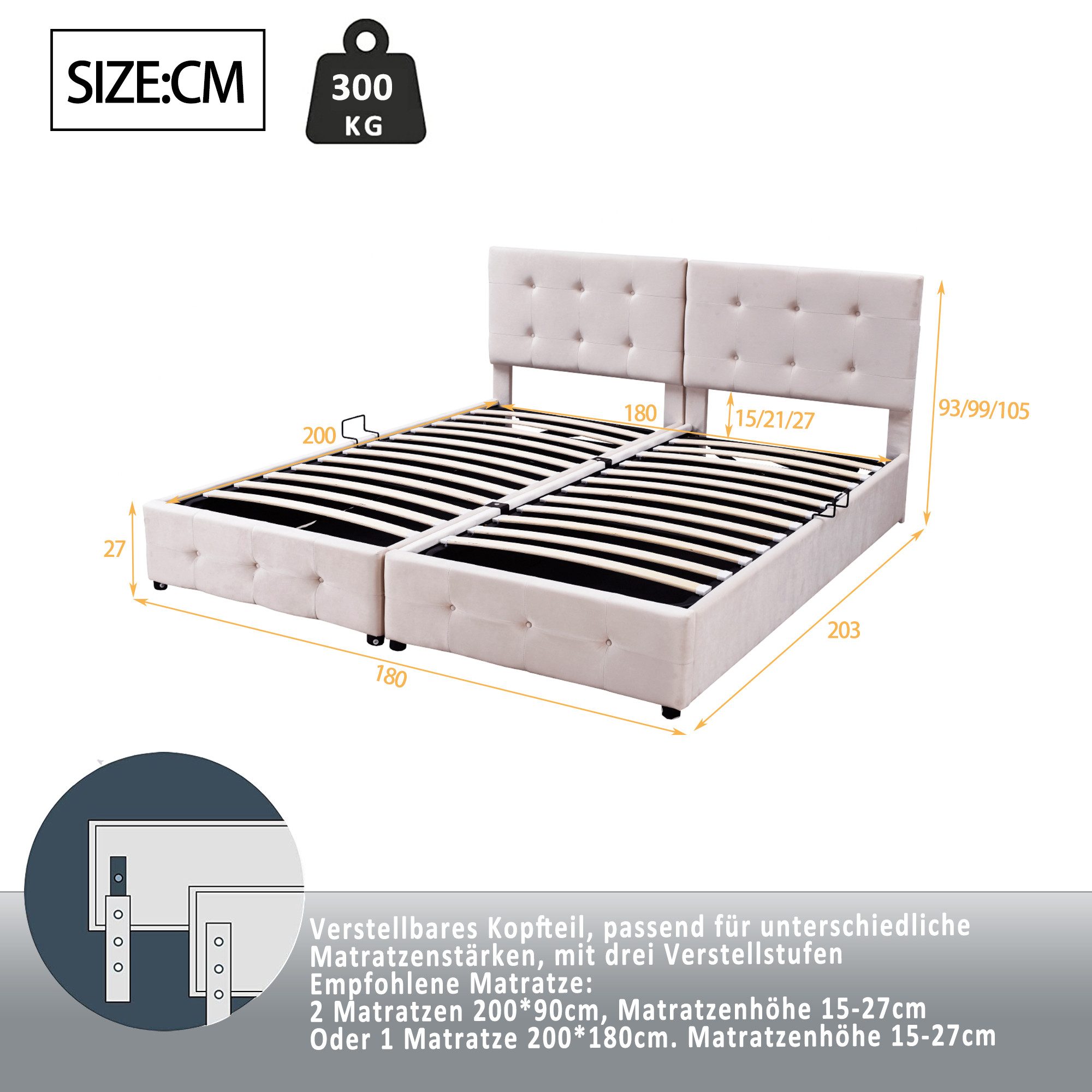 Celya Polsterbett 180x200 cm, Hydraulisches Stauraumbett, Hochkastenbett (O günstig online kaufen