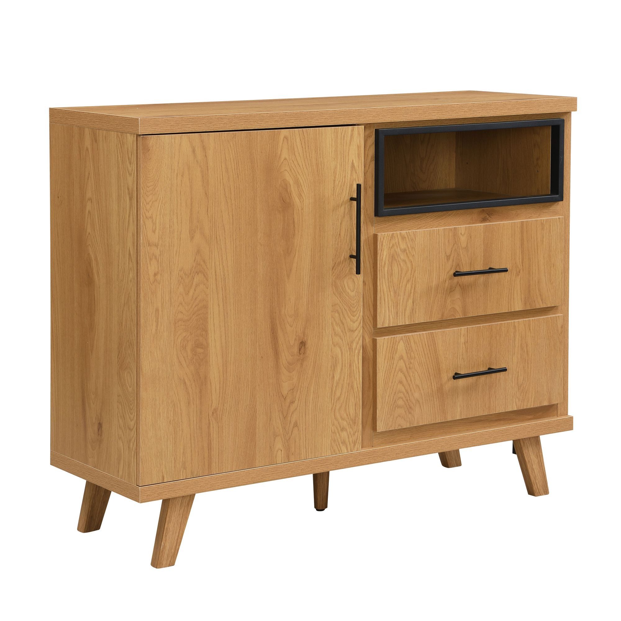 Wohnling Sideboard WL7.648 Kommode Eiche Dekor 116cm Standschrank Anrichte Flurschrank (Praktisches Flurmöbel mit zwei Schubladen), Heller Schrank mit einem offenen Fach