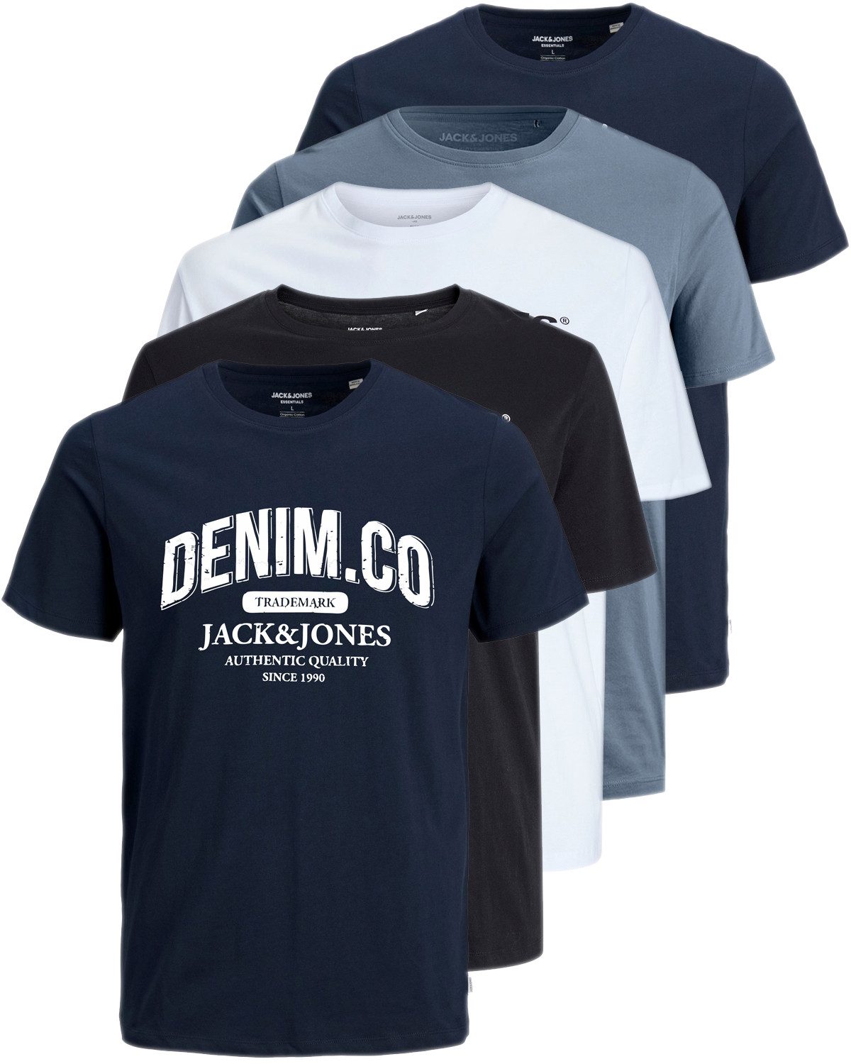 Jack & Jones Plus Print-Shirt Weites Shirt mit Printdruck (Spar-Set, 5er-Pack) unifarbenes Oberteil aus Baumwolle in Übergröße, Größe 5XL