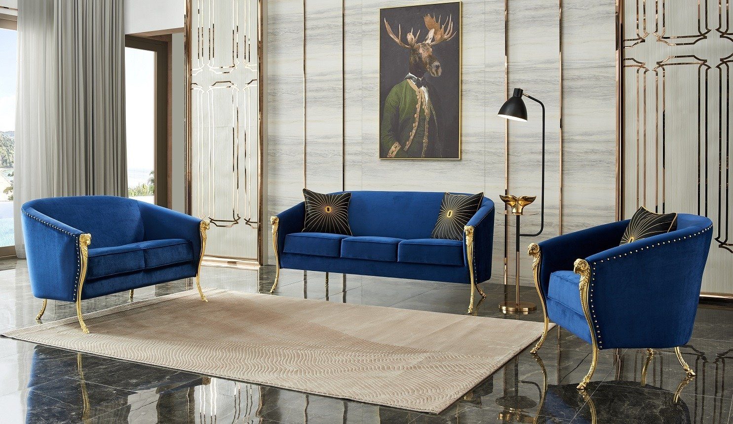 JVmoebel Wohnzimmer-Set, Art deco goldene samt luxus wohnlandschaft sofagarntur sitzer set Blau