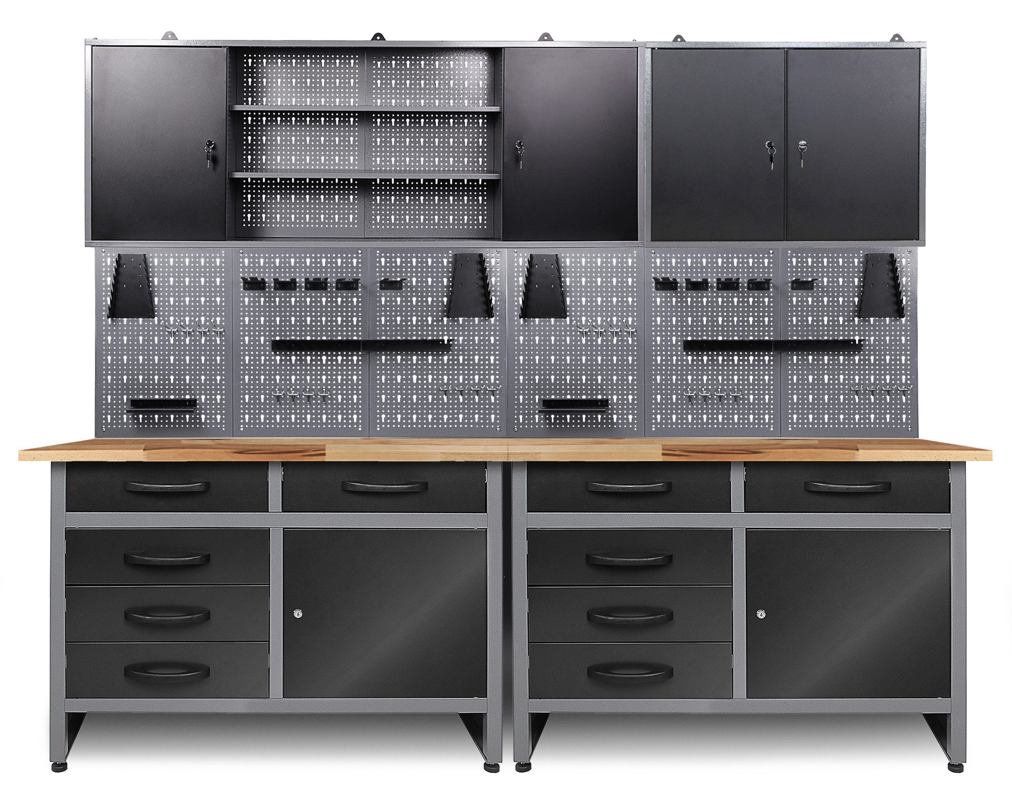 ONDIS24 Werkstatt-Set Werkstatt Set 240 cm Werkbank Metall Werkzeugschrank Lochwand Haken